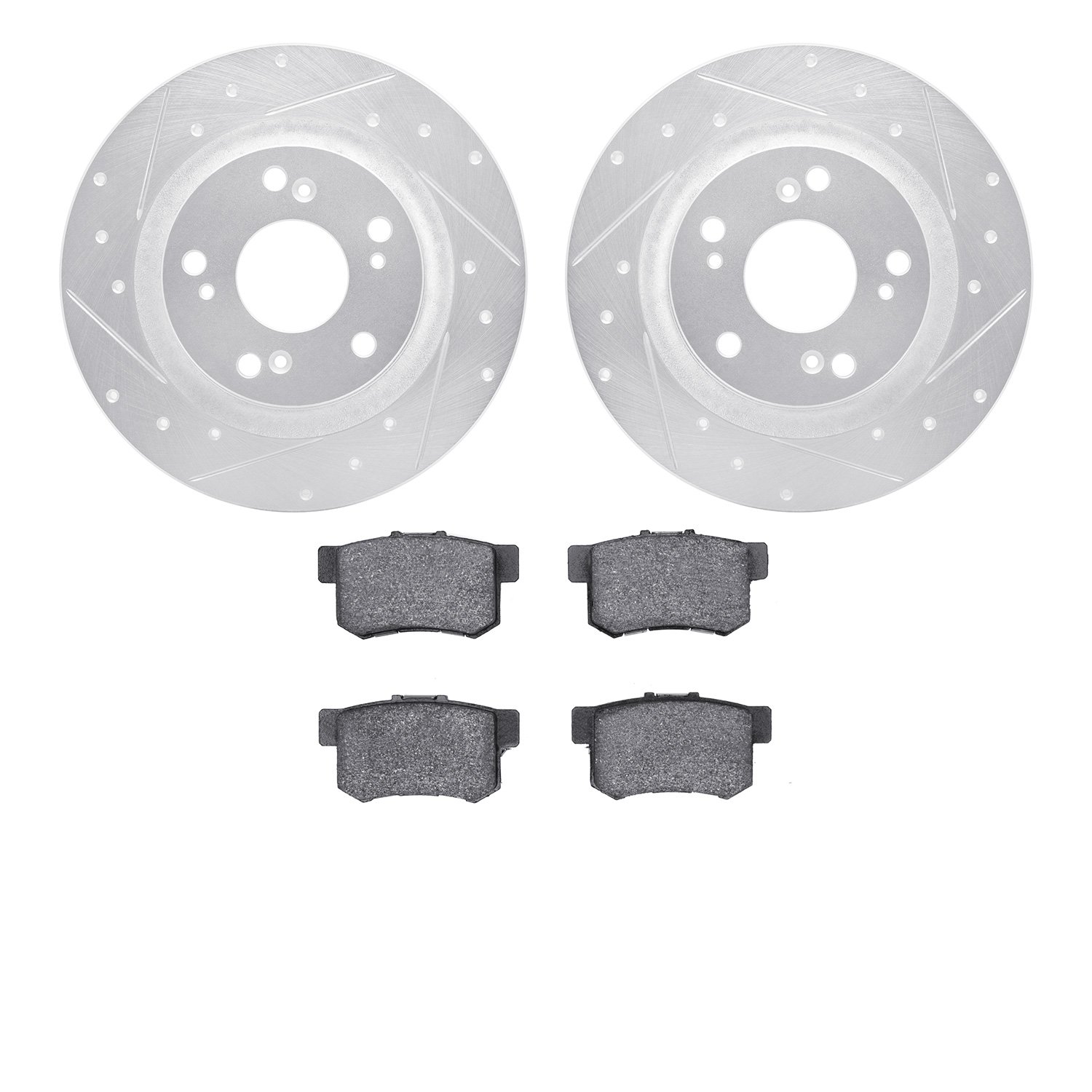 7302-59054 Drilled/Slotted Brake Rotor with 3000-Series Ceramic Brake Pads Kit [Silver], 2000-2009 Acura/Honda, Position: Rear