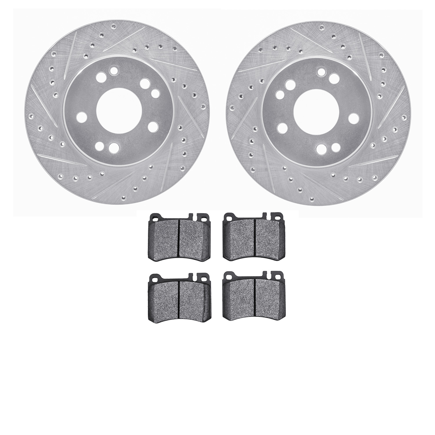 7302-63034 Drilled/Slotted Brake Rotor with 3000-Series Ceramic Brake Pads Kit [Silver], 1986-1989 Mercedes-Benz, Position: Fron