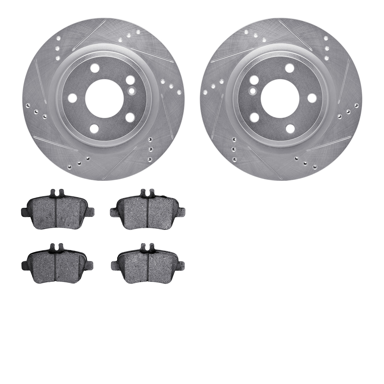 7302-63137 Drilled/Slotted Brake Rotor with 3000-Series Ceramic Brake Pads Kit [Silver], 2014-2019 Mercedes-Benz, Position: Rear