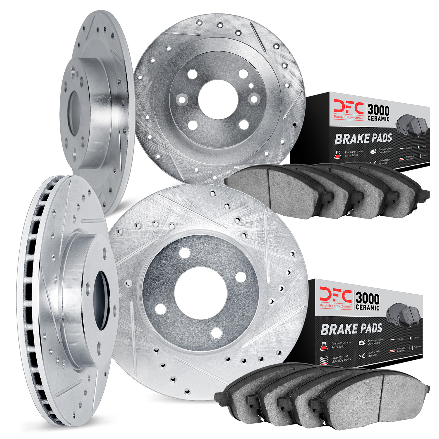 7304-59005 Drilled/Slotted Brake Rotor with 3000-Series Ceramic Brake Pads Kit [Silver], 1986-1989 Acura/Honda, Position: Front