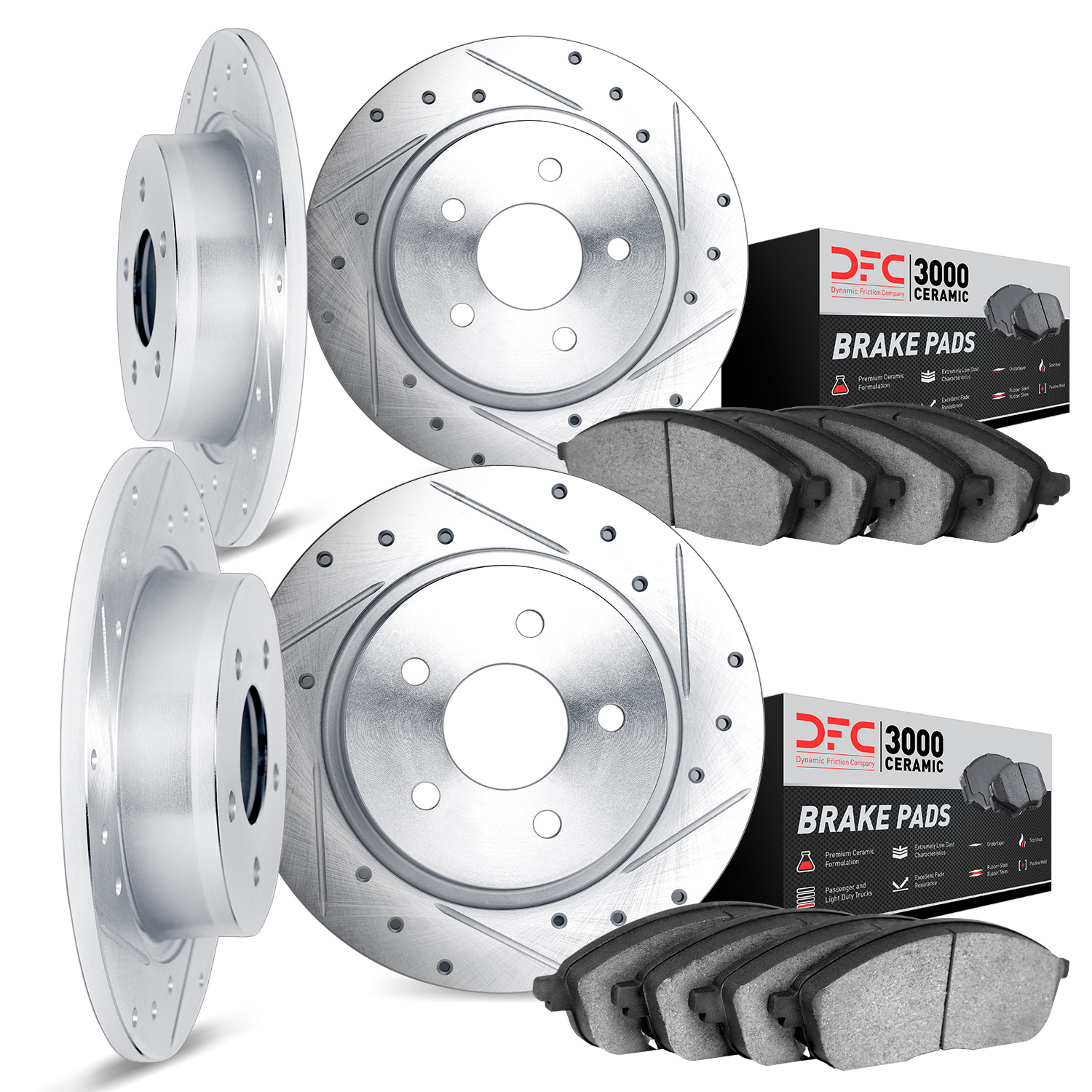 7304-63049 Drilled/Slotted Brake Rotor with 3000-Series Ceramic Brake Pads Kit [Silver], 1984-1989 Mercedes-Benz, Position: Fron