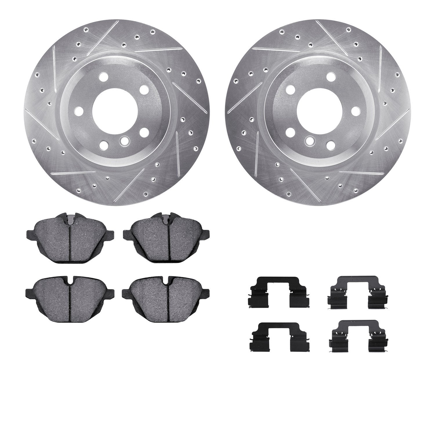 7312-31104 Drilled/Slotted Brake Rotor with 3000-Series Ceramic Brake Pads Kit & Hardware [Silver], 2011-2016 BMW, Position: Rea