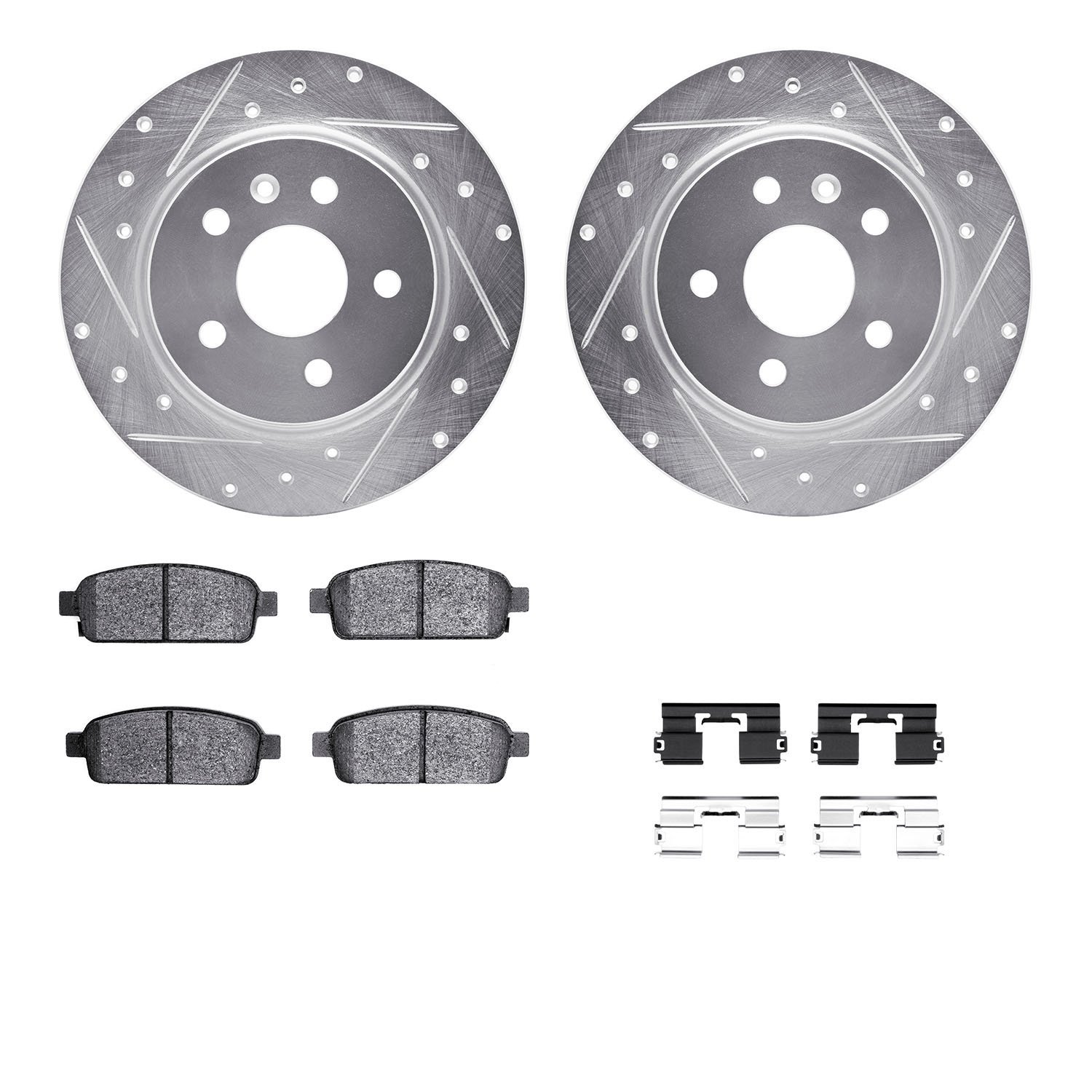 7312-45029 Drilled/Slotted Brake Rotor with 3000-Series Ceramic Brake Pads Kit & Hardware [Silver], 2011-2018 GM, Position: Rear