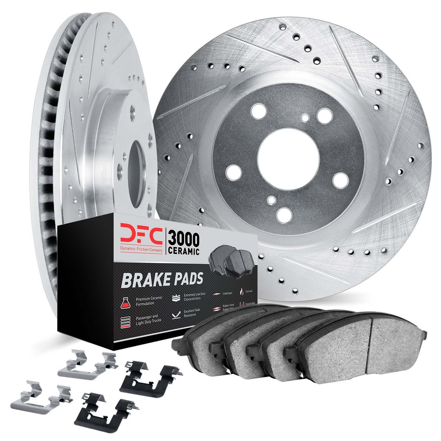 7312-47008 Drilled/Slotted Brake Rotor with 3000-Series Ceramic Brake Pads Kit & Hardware [Silver], 1977-1995 GM, Position: Fron