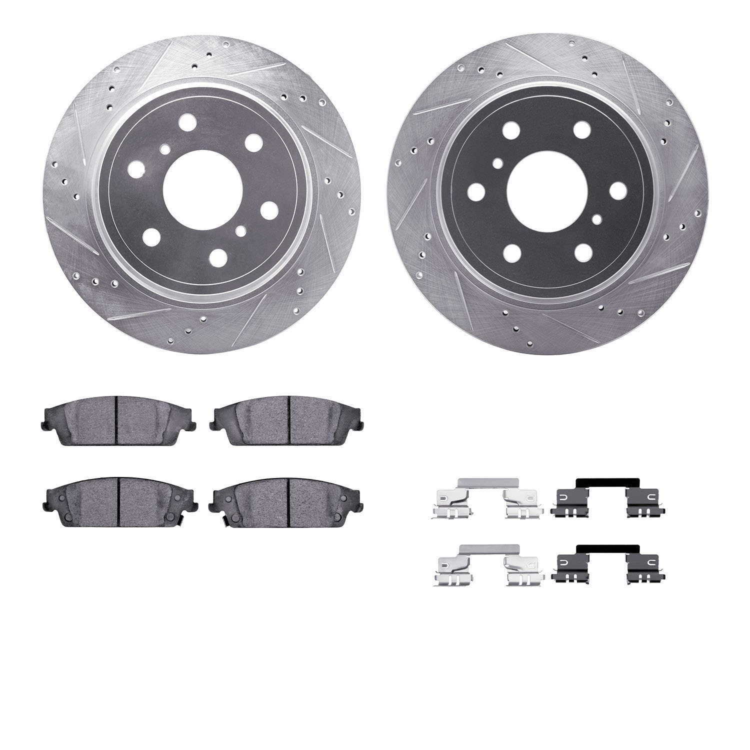 7312-48063 Drilled/Slotted Brake Rotor with 3000-Series Ceramic Brake Pads Kit & Hardware [Silver], 2014-2020 GM, Position: Rear