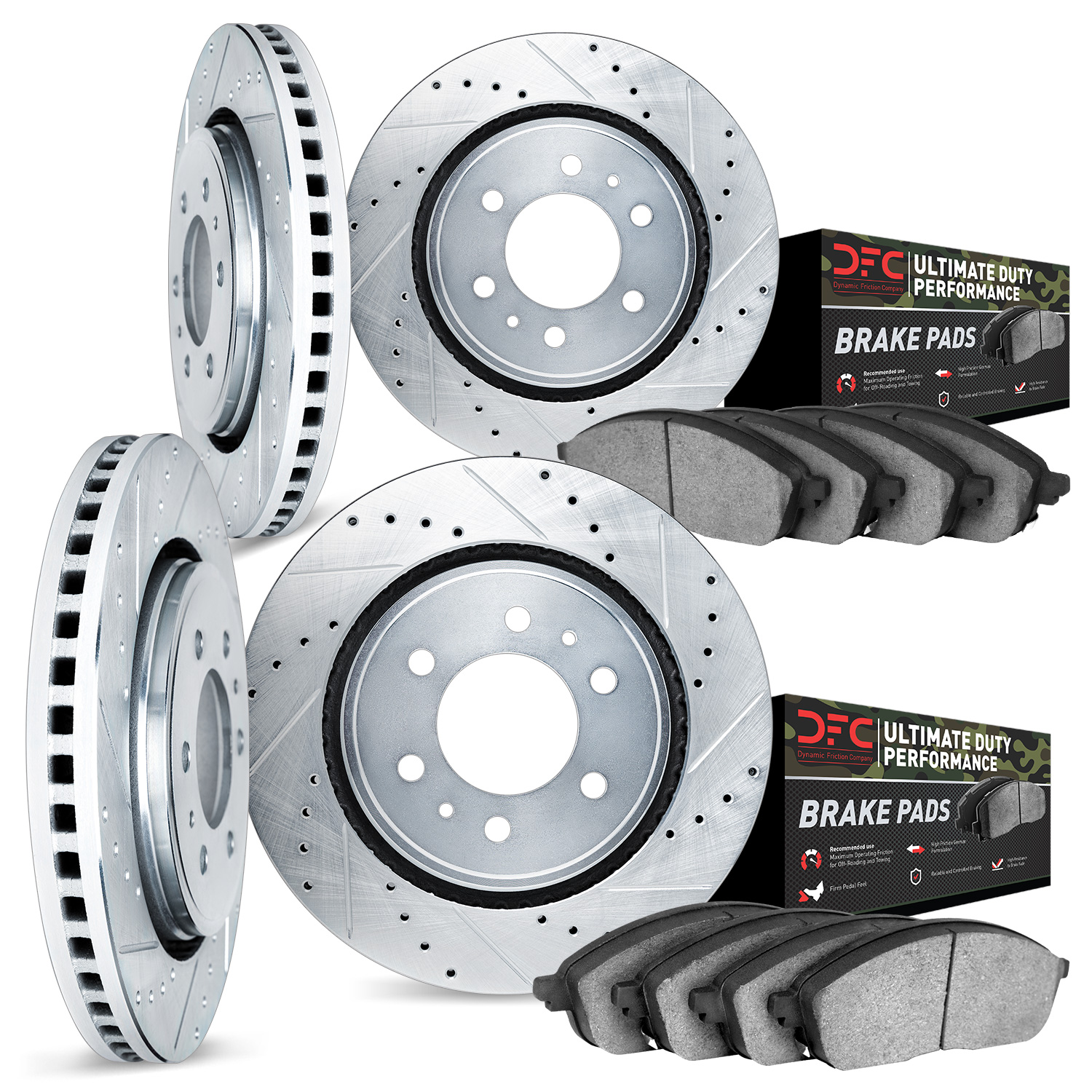 7404-48016 Drilled/Slotted Brake Rotors with Ultimate-Duty Brake Pads Kit [Silver], 2014-2020 GM, Position: Front and Rear