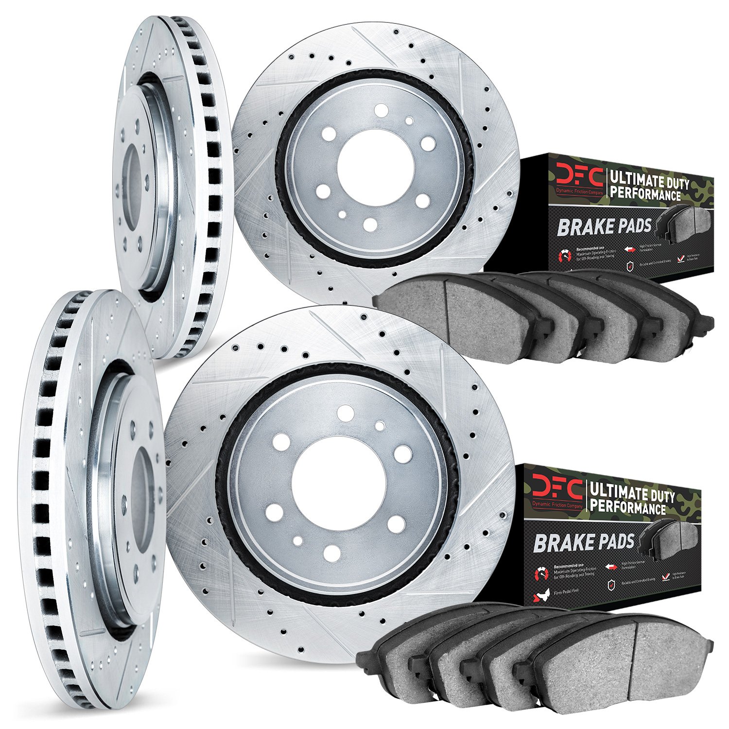 7404-48018 Drilled/Slotted Brake Rotors with Ultimate-Duty Brake Pads Kit [Silver], 2009-2014 GM, Position: Front and Rear