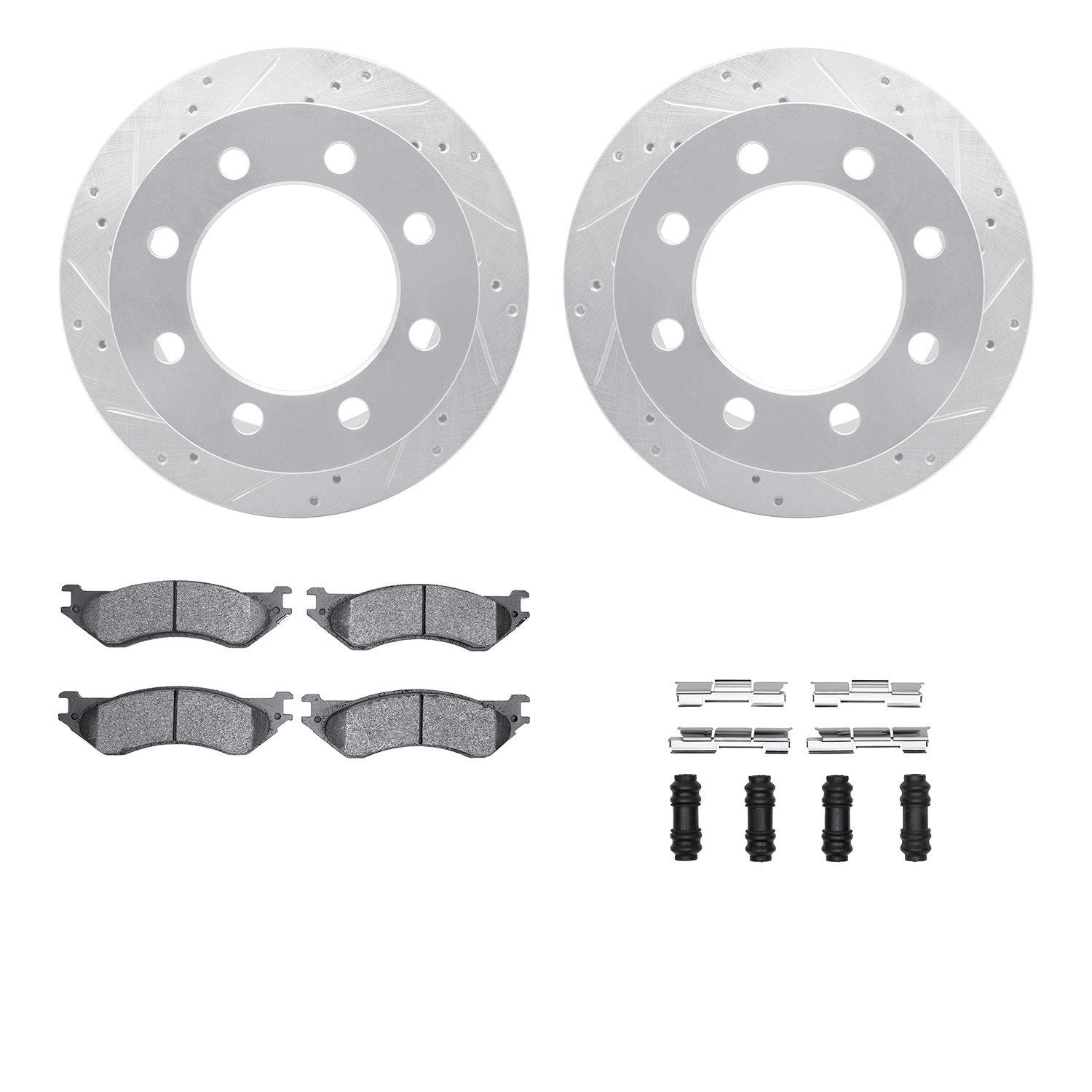7412-40009 Drilled/Slotted Brake Rotors with Ultimate-Duty Brake Pads Kit & Hardware [Silver], 2000-2002 Mopar, Position: Rear