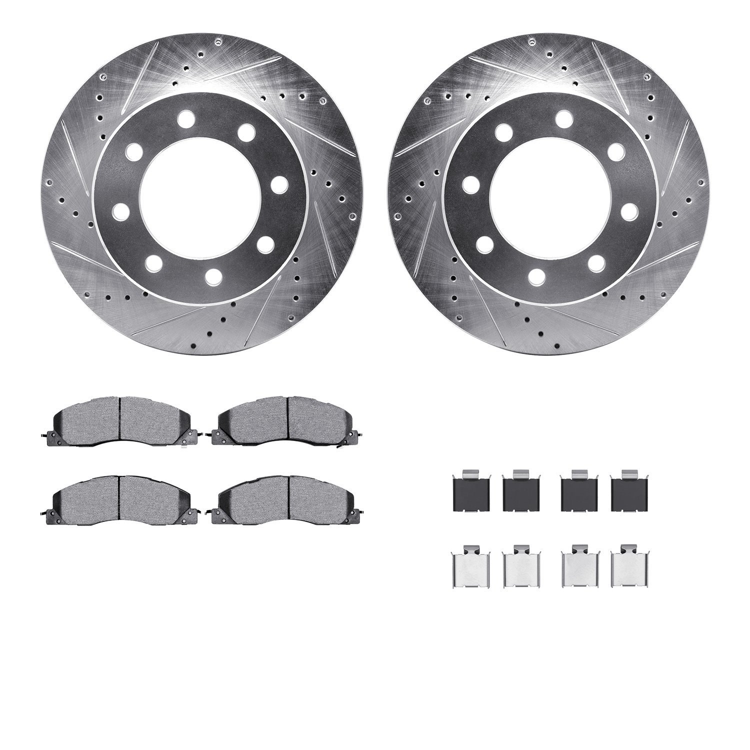 7412-40021 Drilled/Slotted Brake Rotors with Ultimate-Duty Brake Pads Kit & Hardware [Silver], 2009-2018 Mopar, Position: Front