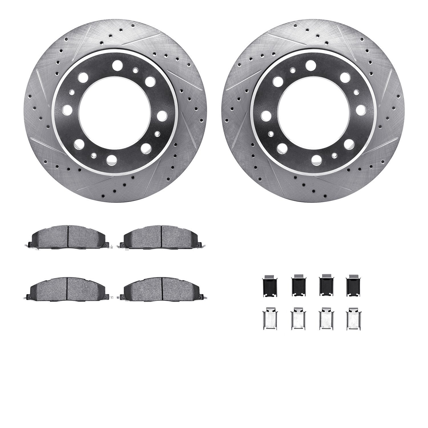 7412-40024 Drilled/Slotted Brake Rotors with Ultimate-Duty Brake Pads Kit & Hardware [Silver], 2009-2018 Mopar, Position: Rear