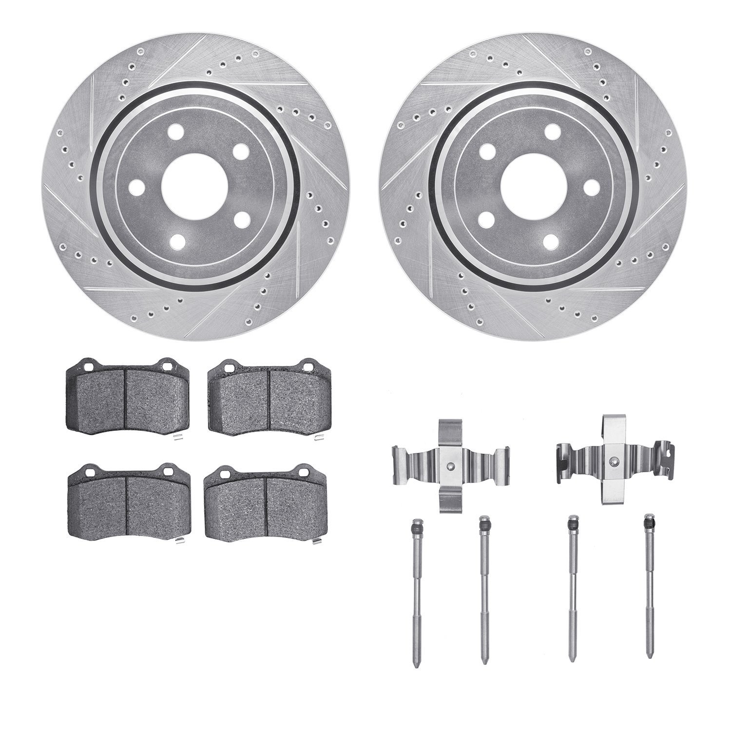7412-42011 Drilled/Slotted Brake Rotors with Ultimate-Duty Brake Pads Kit & Hardware [Silver], 2018-2021 Mopar, Position: Rear