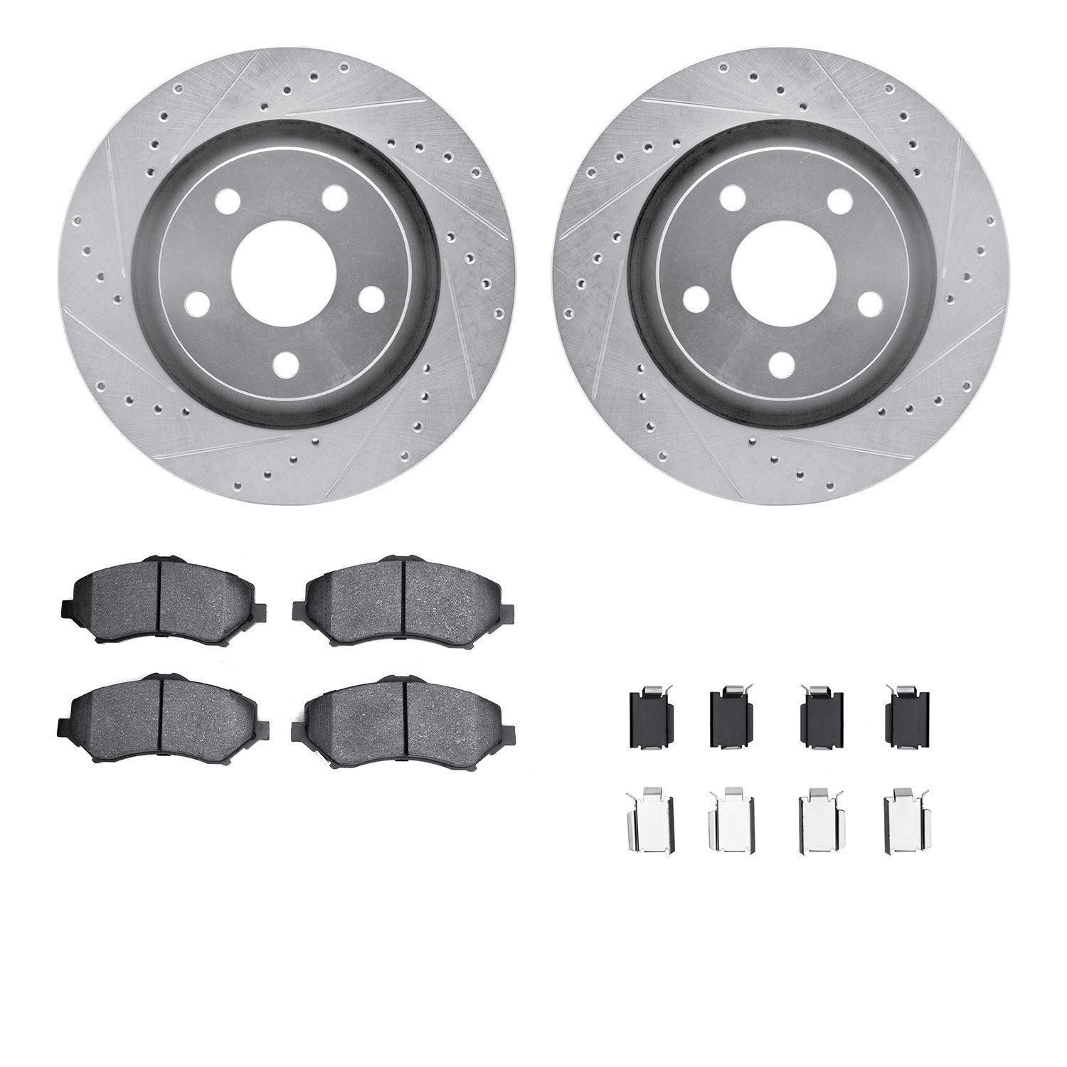 7412-42043 Drilled/Slotted Brake Rotors with Ultimate-Duty Brake Pads Kit & Hardware [Silver], 2012-2018 Mopar, Position: Front
