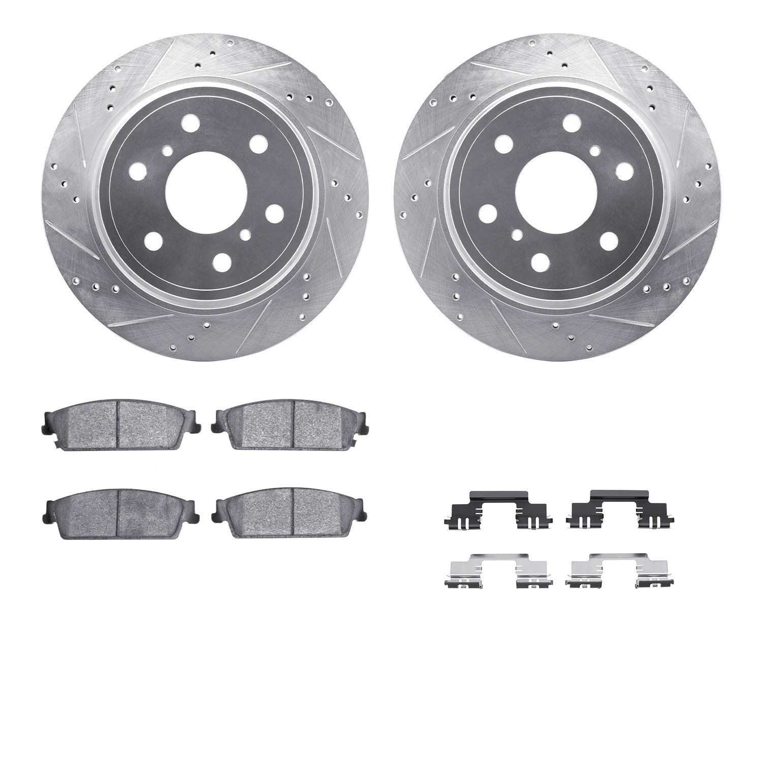 7412-48039 Drilled/Slotted Brake Rotors with Ultimate-Duty Brake Pads Kit & Hardware [Silver], 2007-2014 GM, Position: Rear