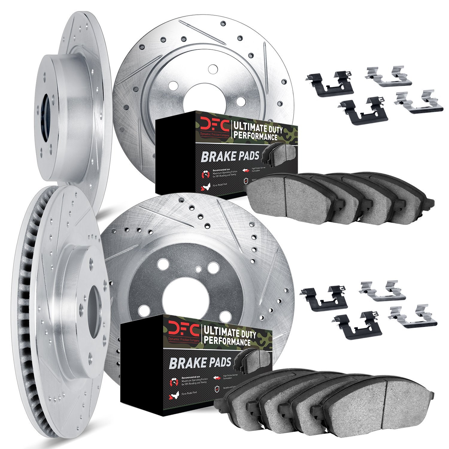 7414-42016 Drilled/Slotted Brake Rotors with Ultimate-Duty Brake Pads Kit & Hardware [Silver], 2007-2018 Mopar, Position: Front