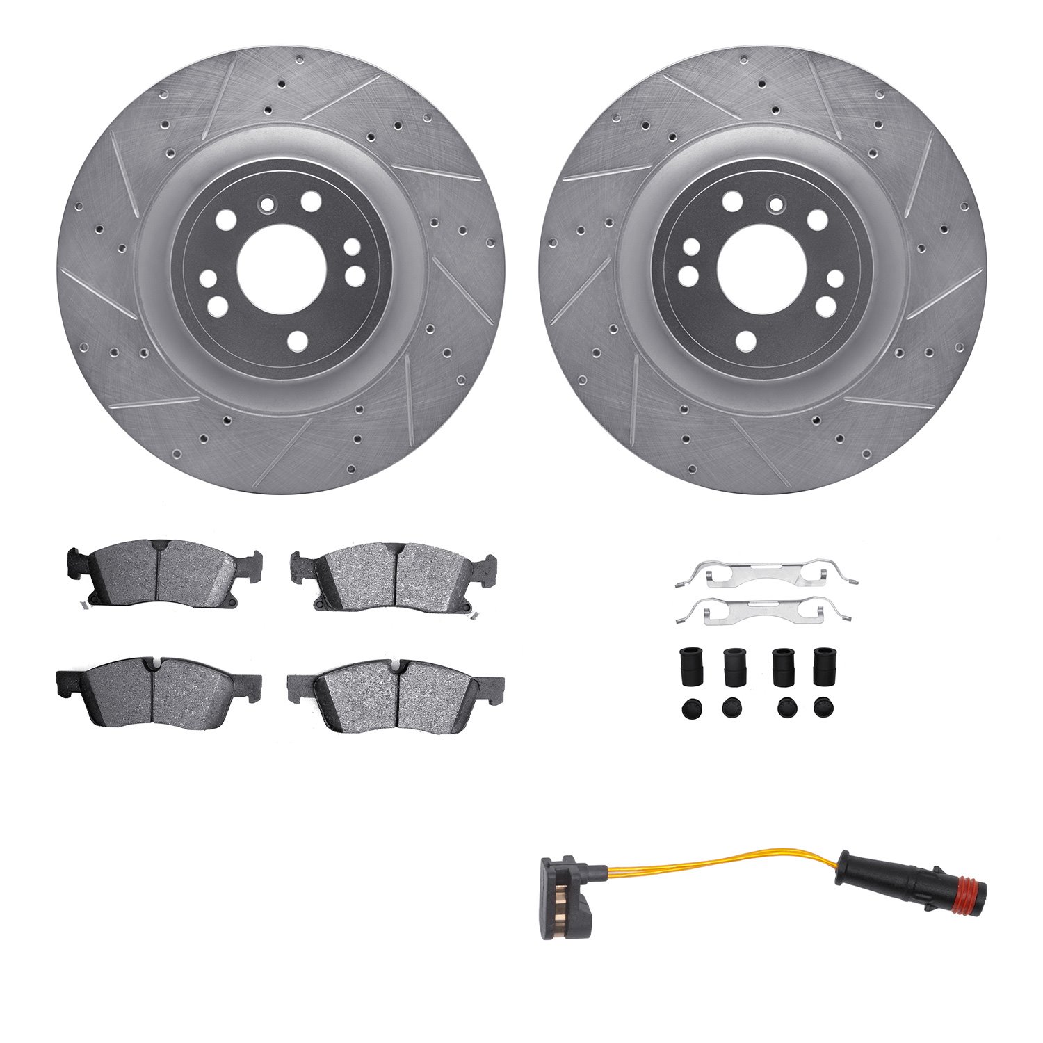 7422-63003 Drilled/Slotted Brake Rotors with Ultimate-Duty Brake Pads/Sensor & Hardware Kit [Silver], 2013-2019 Mercedes-Benz, P