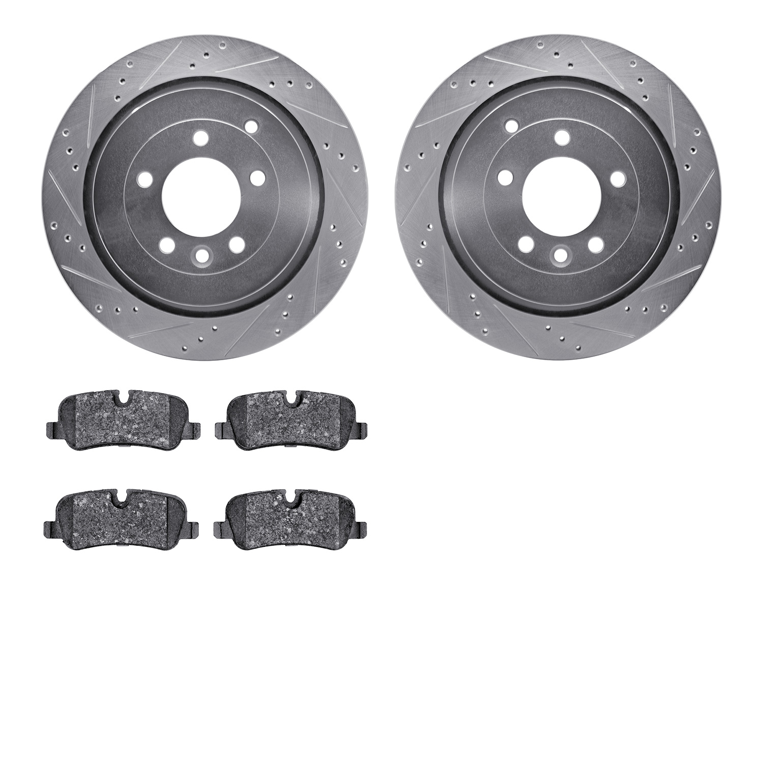 7502-11015 Drilled/Slotted Brake Rotors w/5000 Advanced Brake Pads Kit [Silver], 2005-2016 Land Rover, Position: Rear