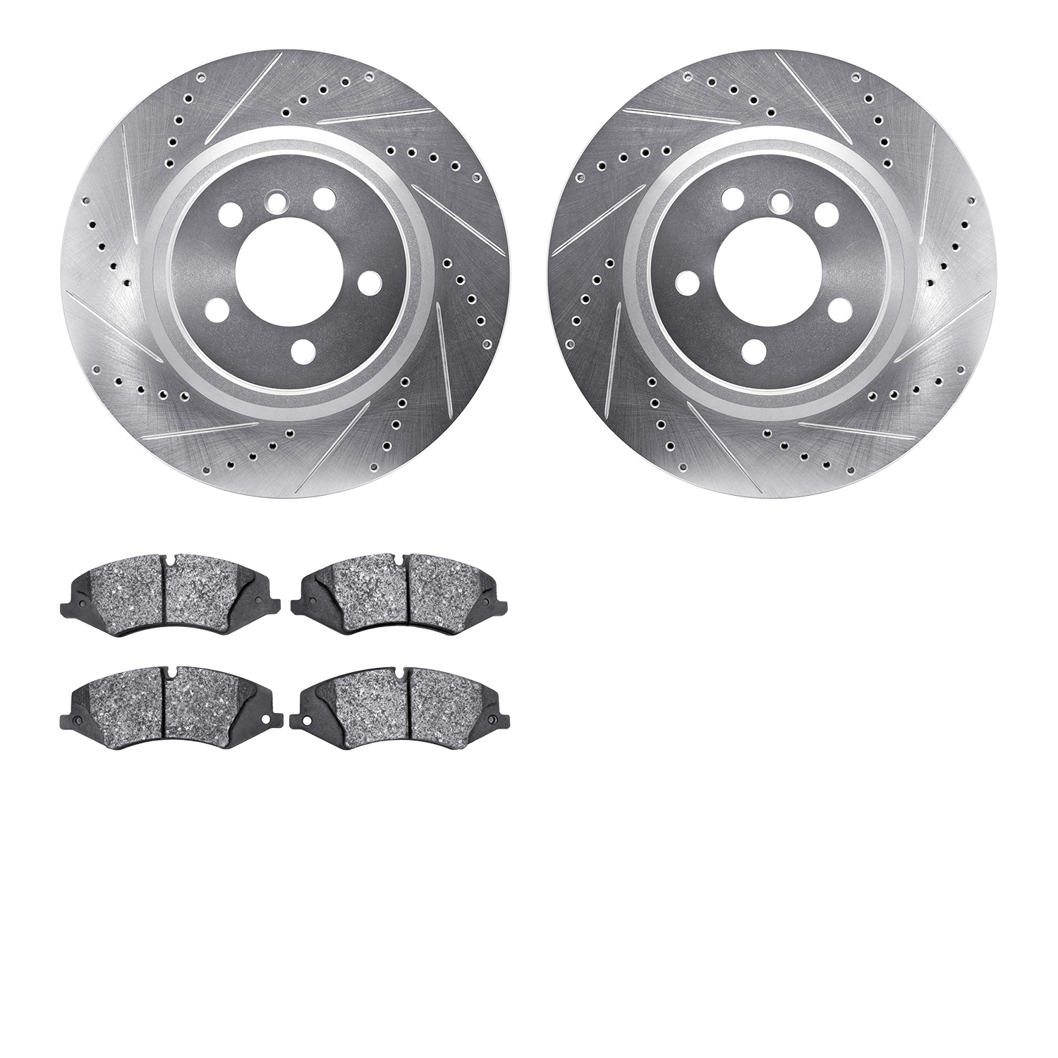 7502-11018 Drilled/Slotted Brake Rotors w/5000 Advanced Brake Pads Kit [Silver], 2010-2012 Land Rover, Position: Front