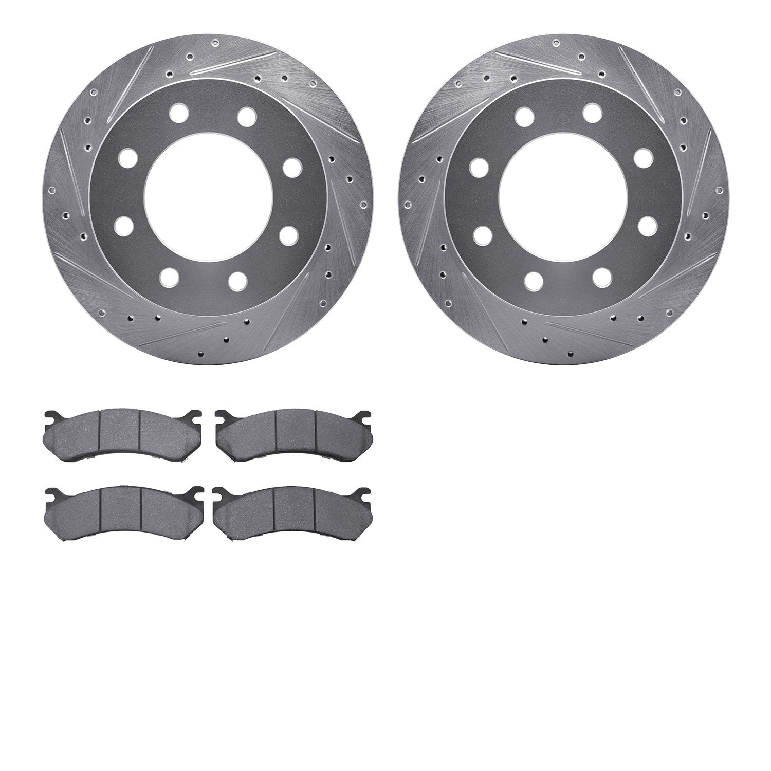 7502-48039 Drilled/Slotted Brake Rotors w/5000 Advanced Brake Pads Kit [Silver], 1999-2009 GM, Position: Rear