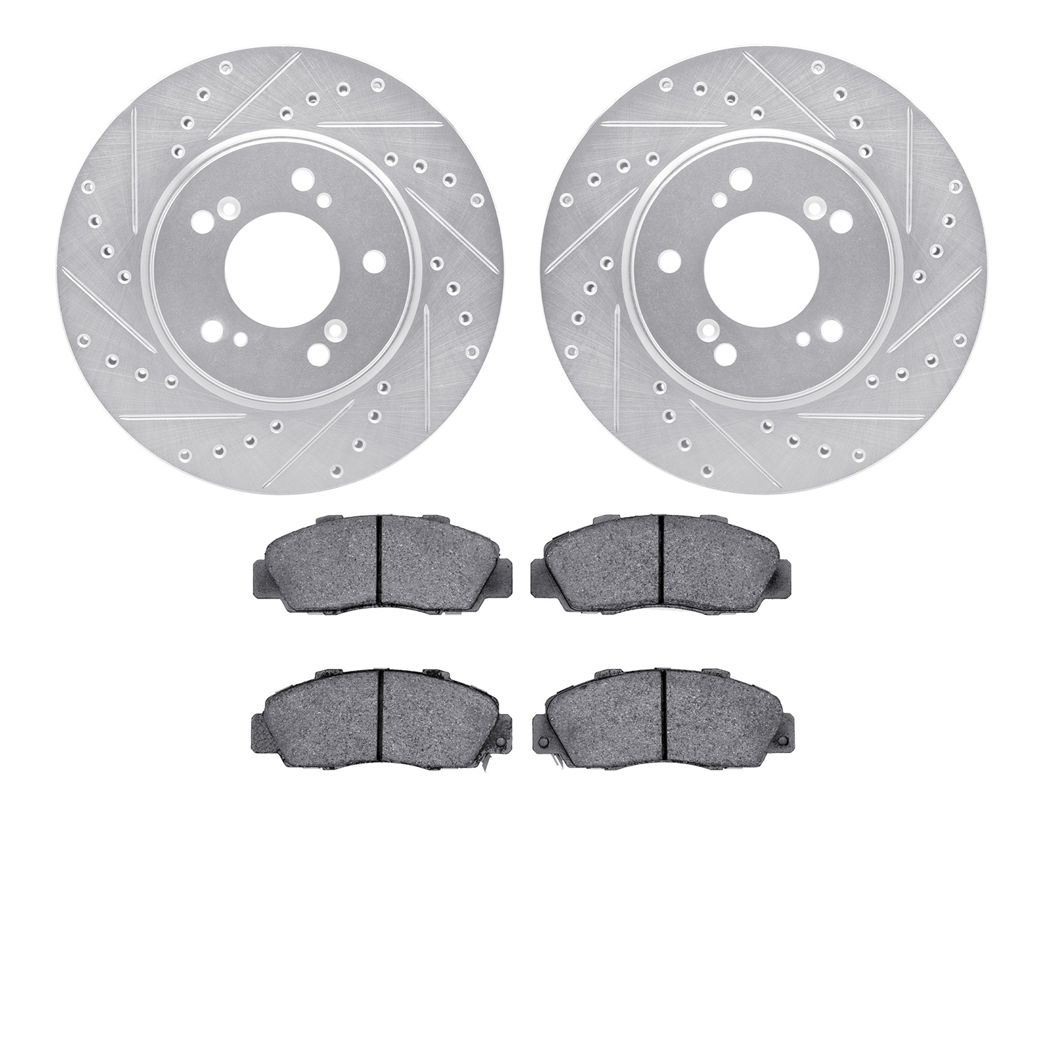 7502-58004 Drilled/Slotted Brake Rotors w/5000 Advanced Brake Pads Kit [Silver], 1991-1996 Acura/Honda, Position: Front