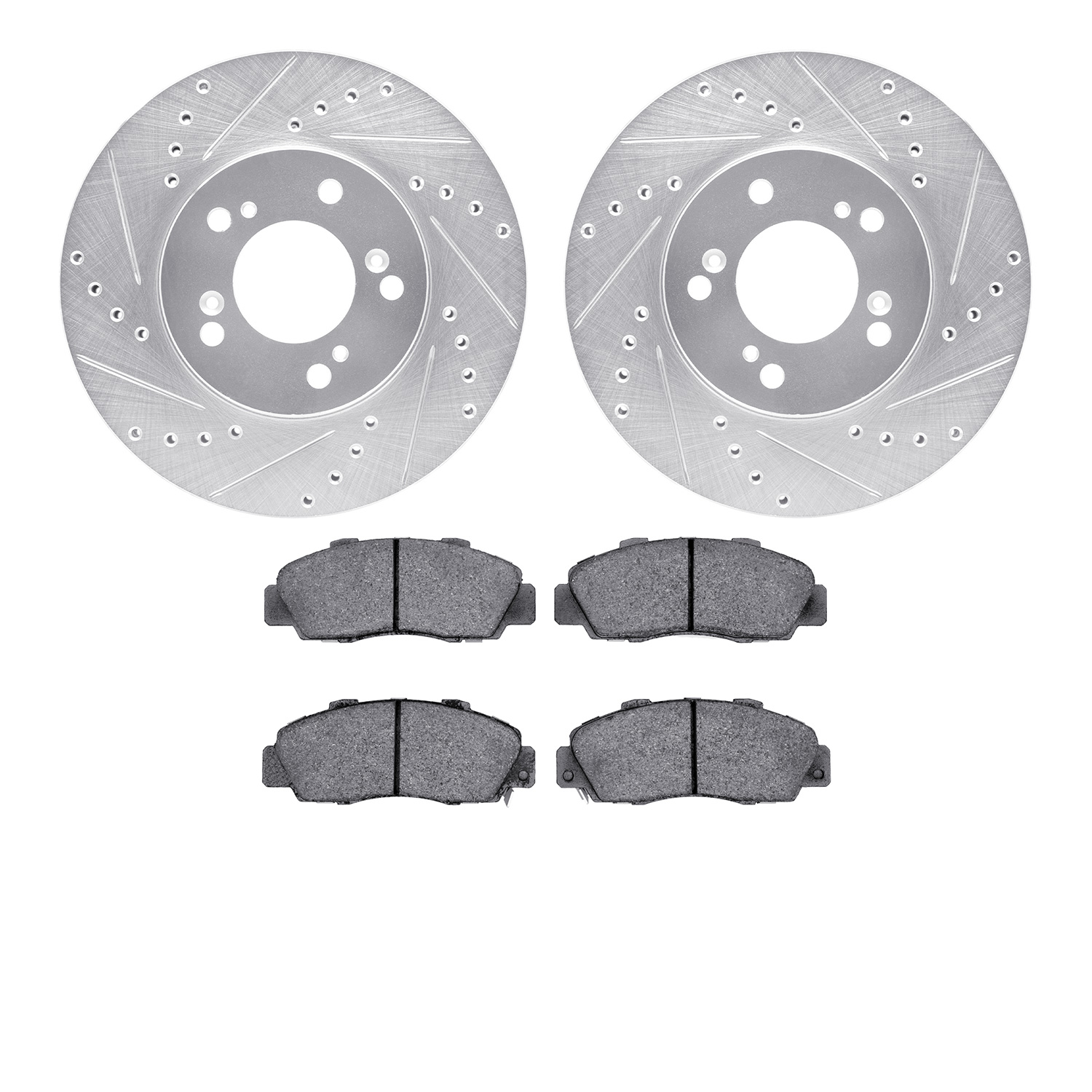 7502-58007 Drilled/Slotted Brake Rotors w/5000 Advanced Brake Pads Kit [Silver], 1993-1995 Acura/Honda, Position: Front