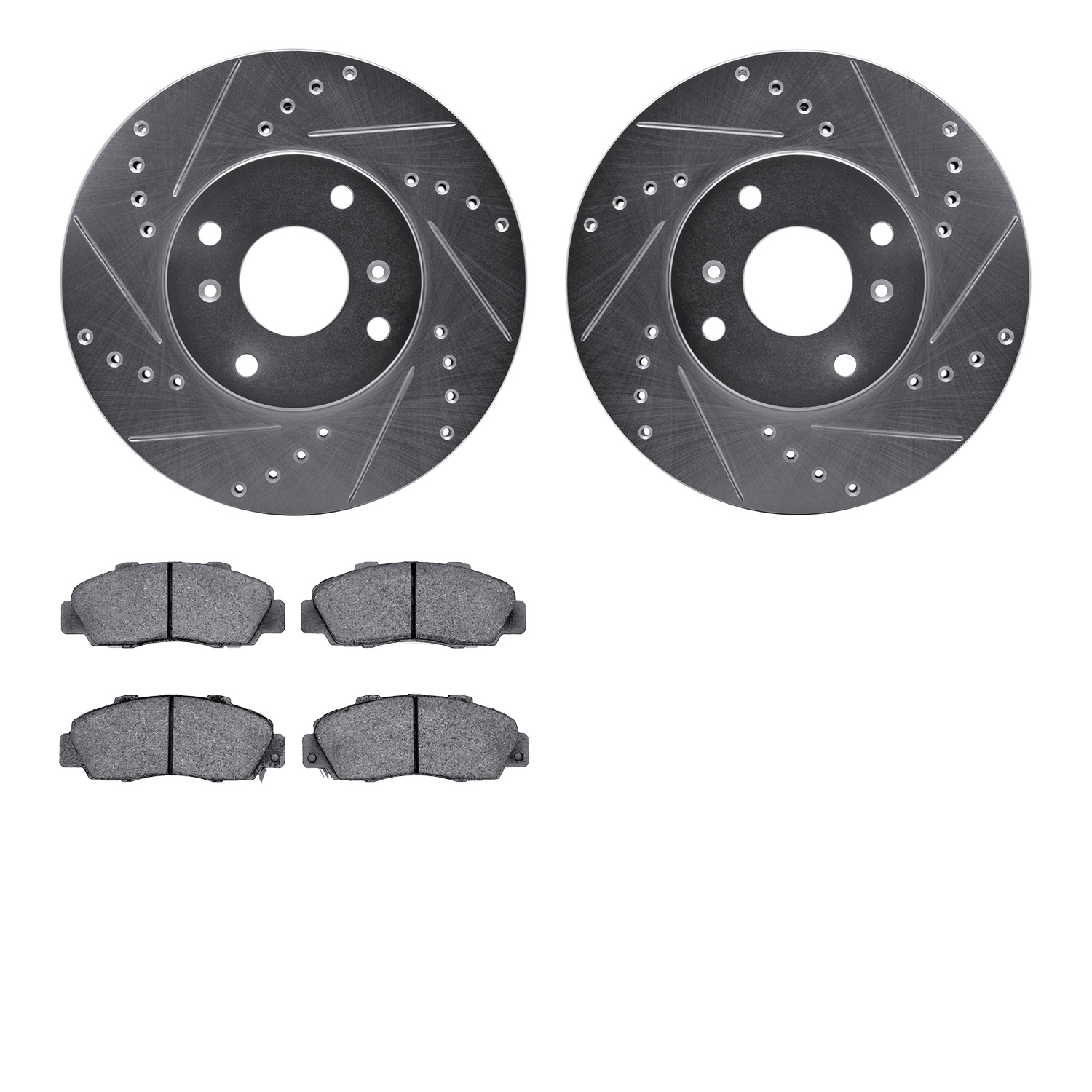7502-58009 Drilled/Slotted Brake Rotors w/5000 Advanced Brake Pads Kit [Silver], 1998-1999 Acura/Honda, Position: Front