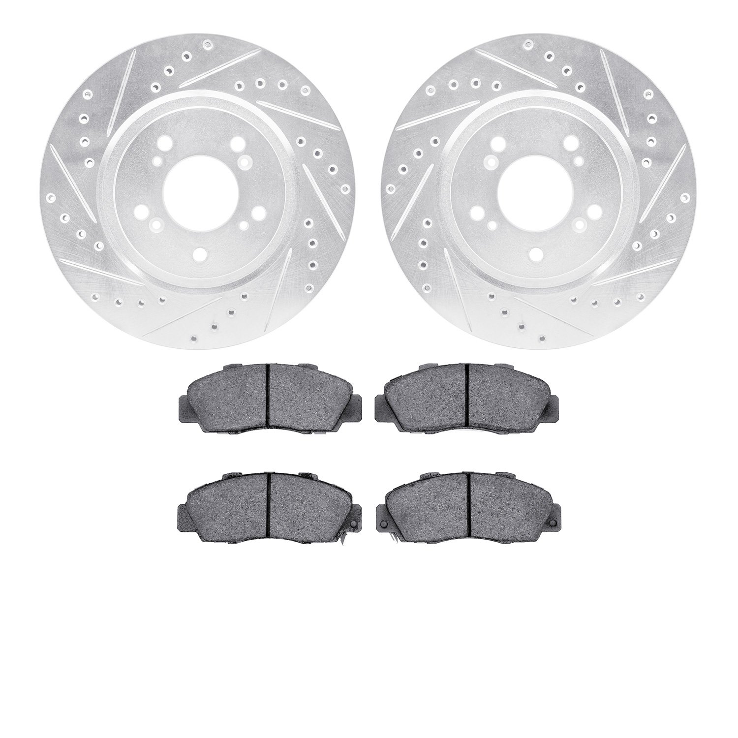 7502-58010 Drilled/Slotted Brake Rotors w/5000 Advanced Brake Pads Kit [Silver], 1997-2005 Acura/Honda, Position: Front