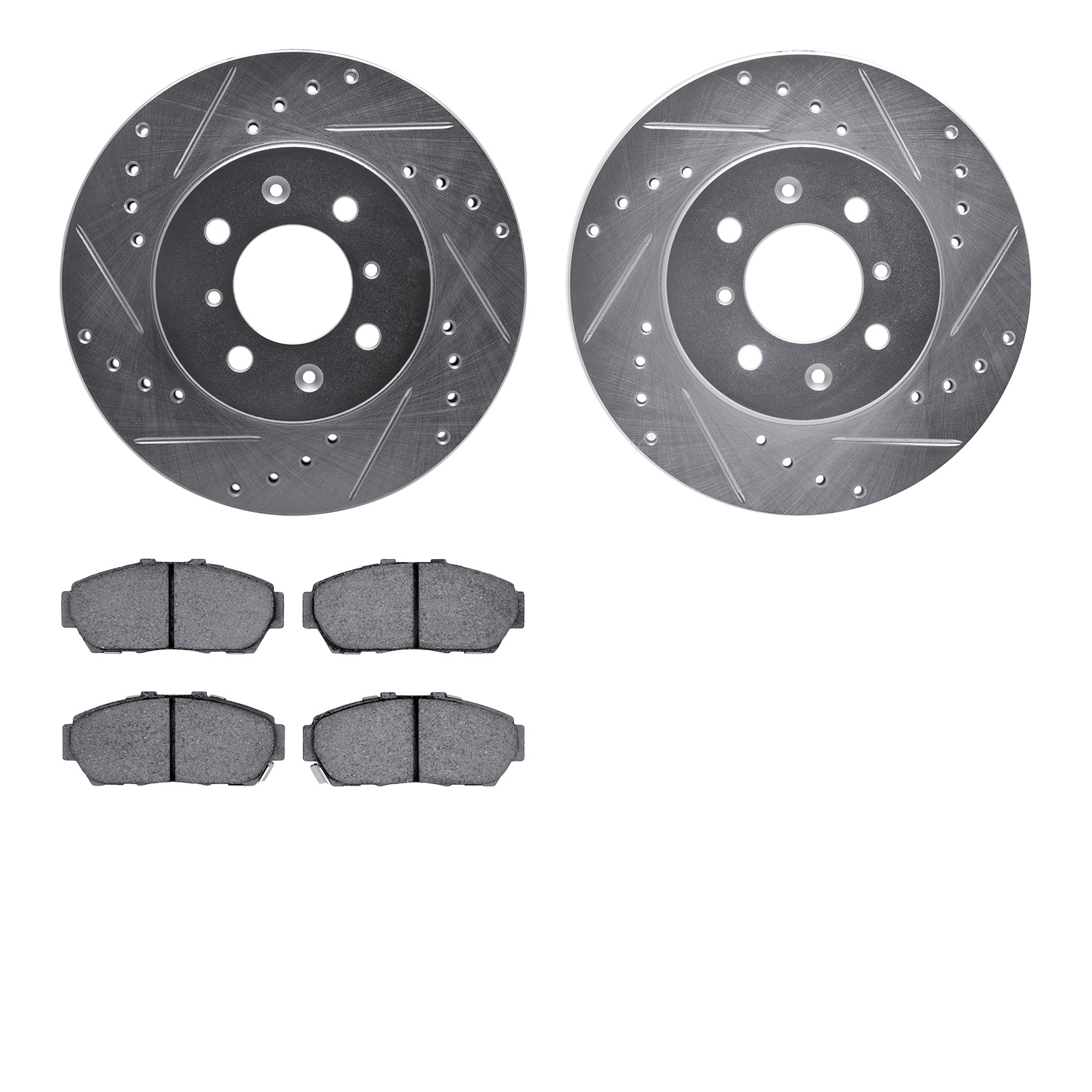 7502-59012 Drilled/Slotted Brake Rotors w/5000 Advanced Brake Pads Kit [Silver], 1993-2001 Acura/Honda, Position: Front