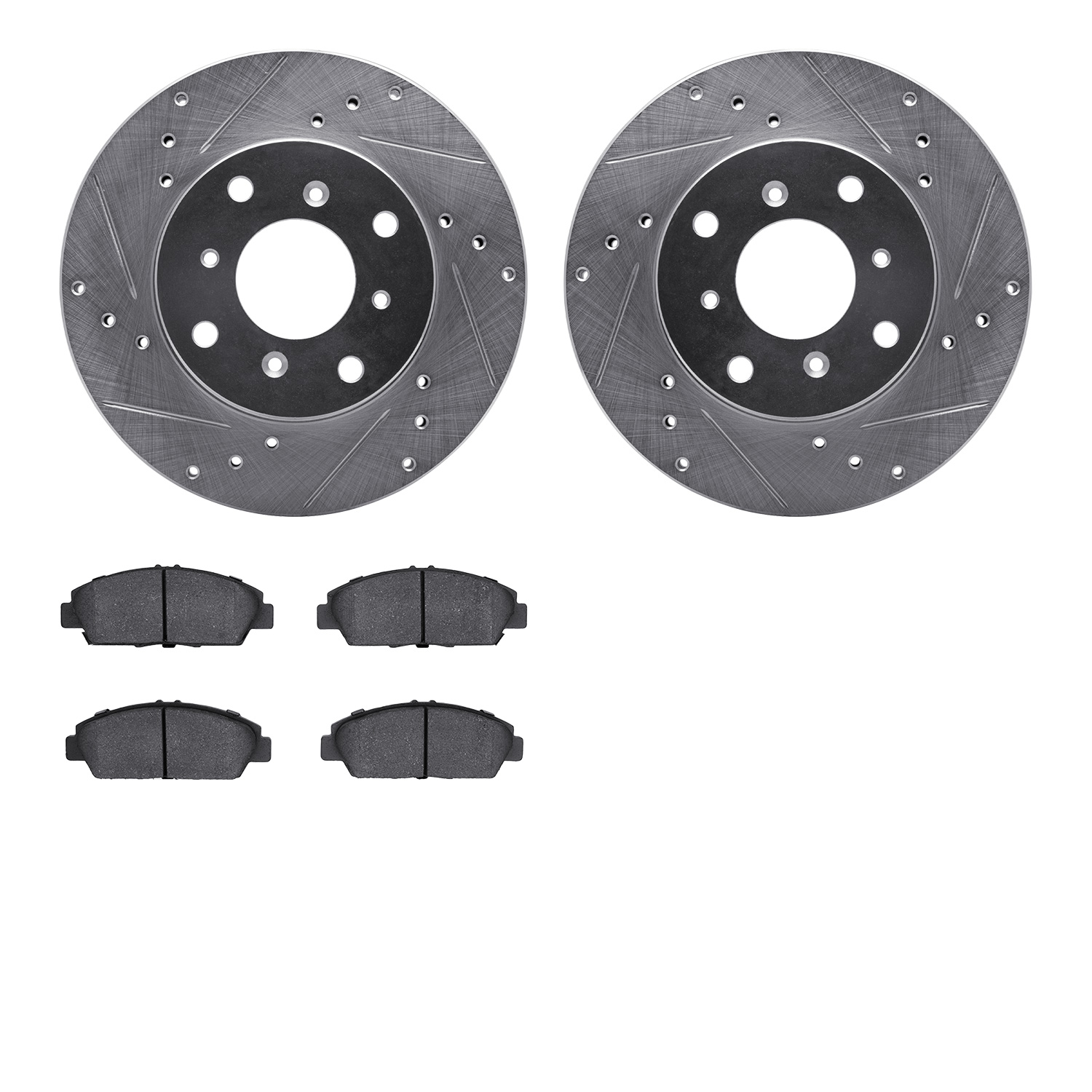 7502-59021 Drilled/Slotted Brake Rotors w/5000 Advanced Brake Pads Kit [Silver], 1992-1996 Acura/Honda, Position: Front