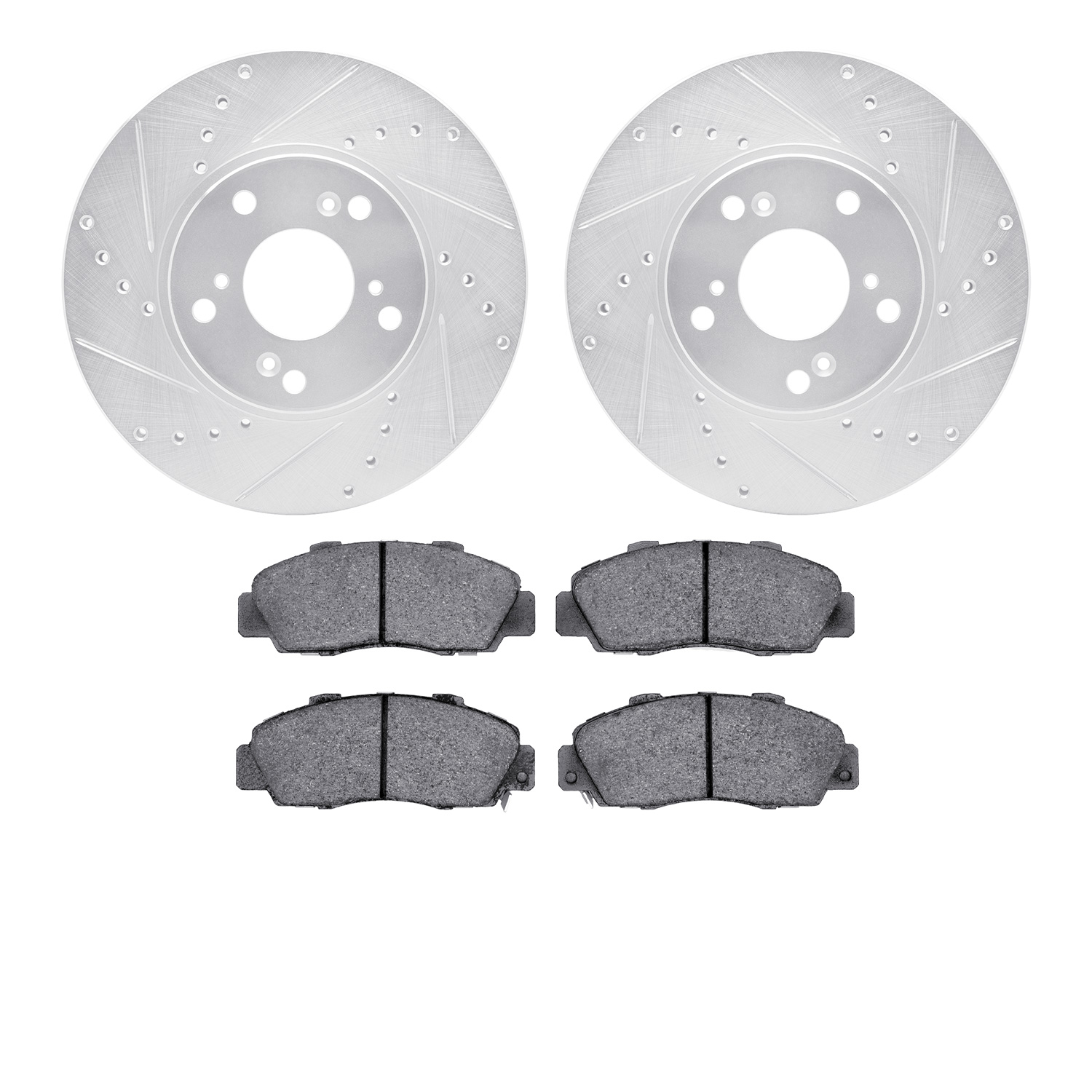 7502-59051 Drilled/Slotted Brake Rotors w/5000 Advanced Brake Pads Kit [Silver], 1998-2002 Acura/Honda, Position: Front