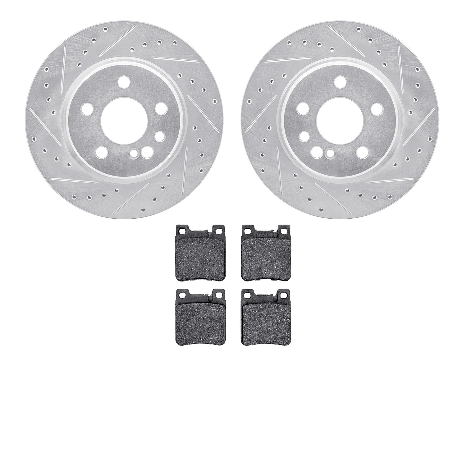 7502-63025 Drilled/Slotted Brake Rotors w/5000 Advanced Brake Pads Kit [Silver], 1992-1999 Mercedes-Benz, Position: Rear