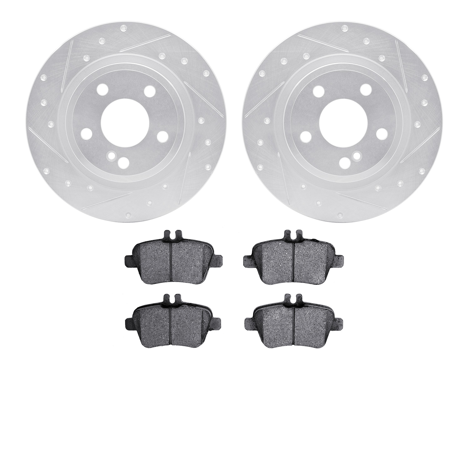 7502-63058 Drilled/Slotted Brake Rotors w/5000 Advanced Brake Pads Kit [Silver], 2014-2019 Mercedes-Benz, Position: Rear