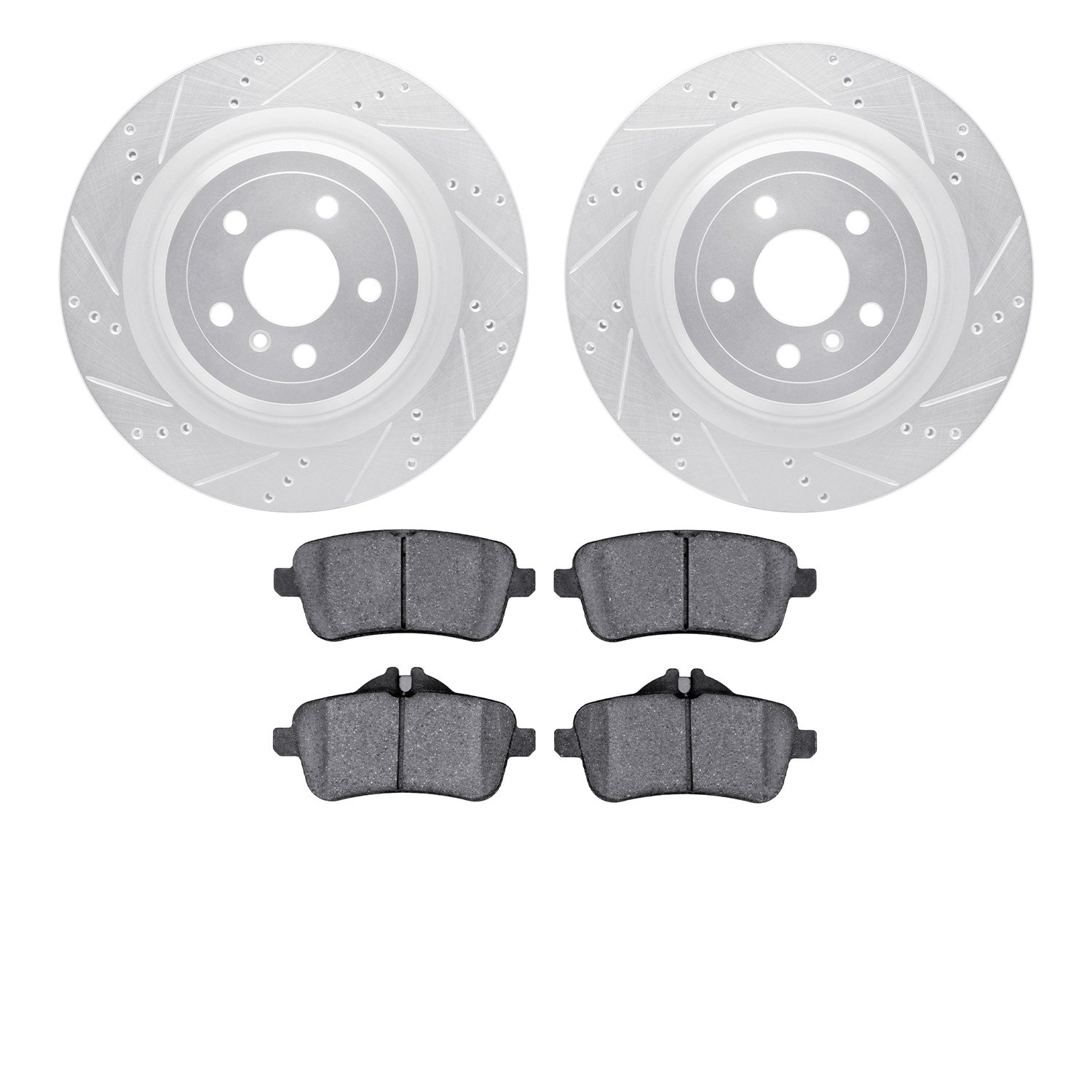 7502-63074 Drilled/Slotted Brake Rotors w/5000 Advanced Brake Pads Kit [Silver], 2013-2019 Mercedes-Benz, Position: Rear
