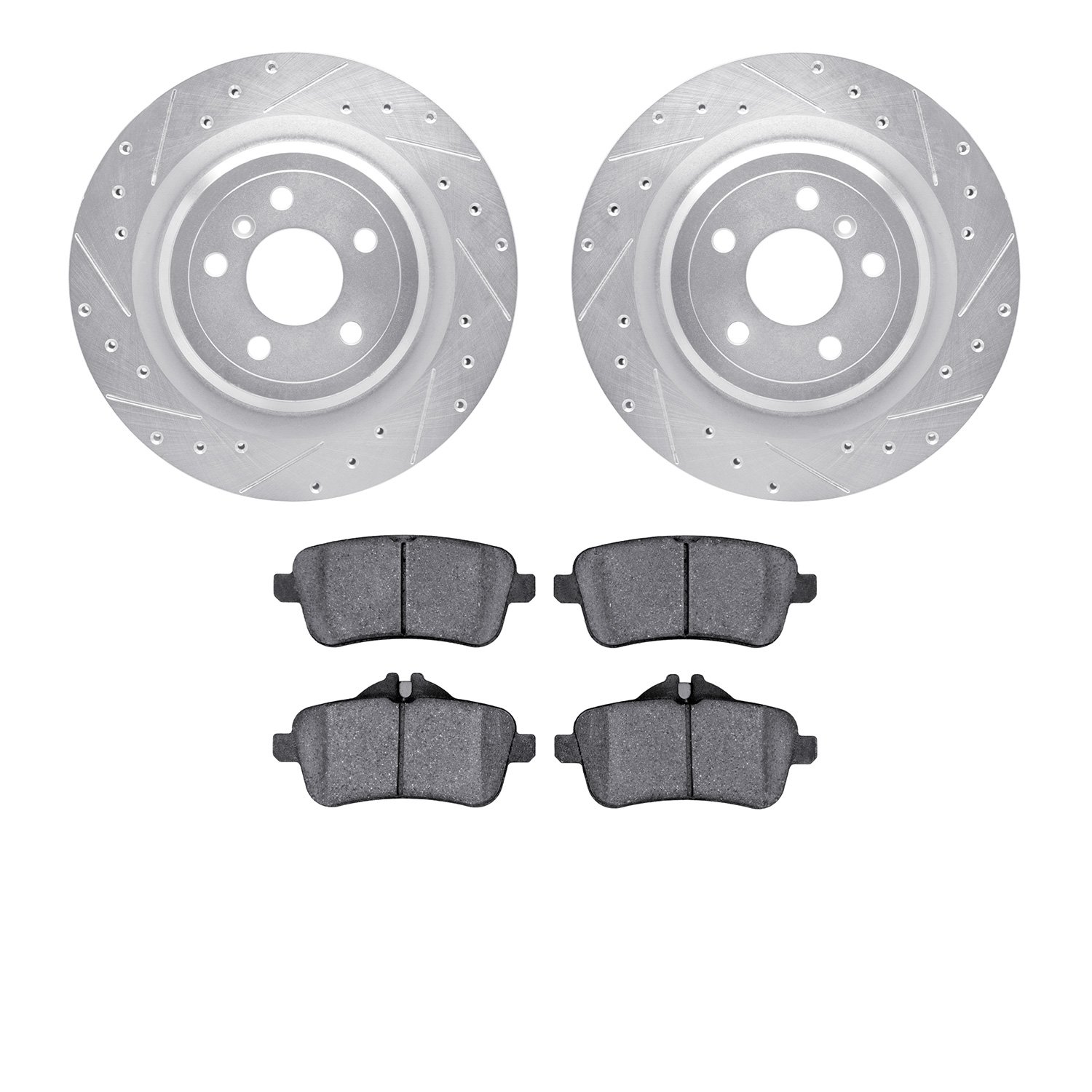 7502-63133 Drilled/Slotted Brake Rotors w/5000 Advanced Brake Pads Kit [Silver], 2012-2019 Mercedes-Benz, Position: Rear