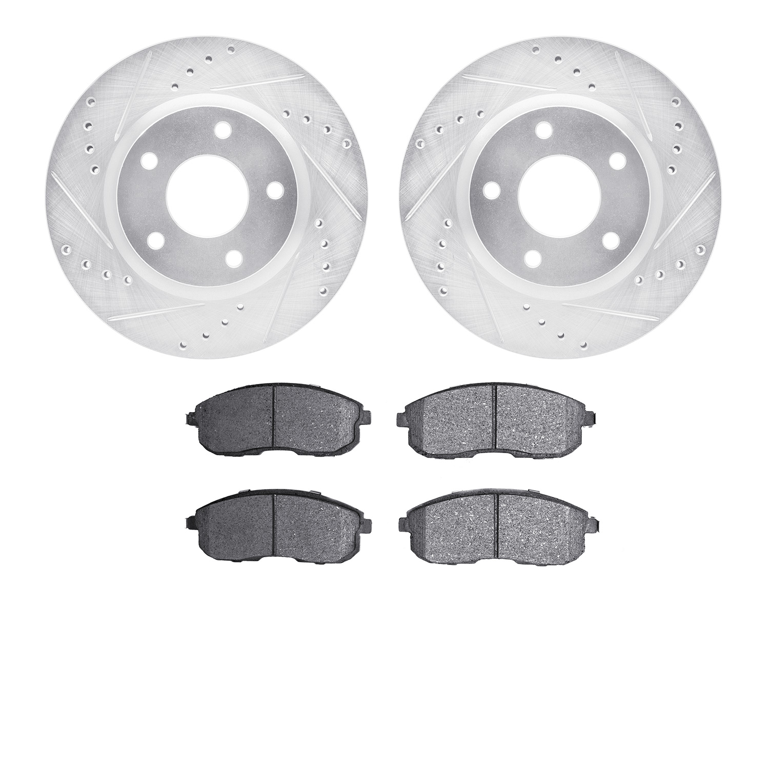 7502-67063 Drilled/Slotted Brake Rotors w/5000 Advanced Brake Pads Kit [Silver], 2013-2019 Infiniti/Nissan, Position: Front