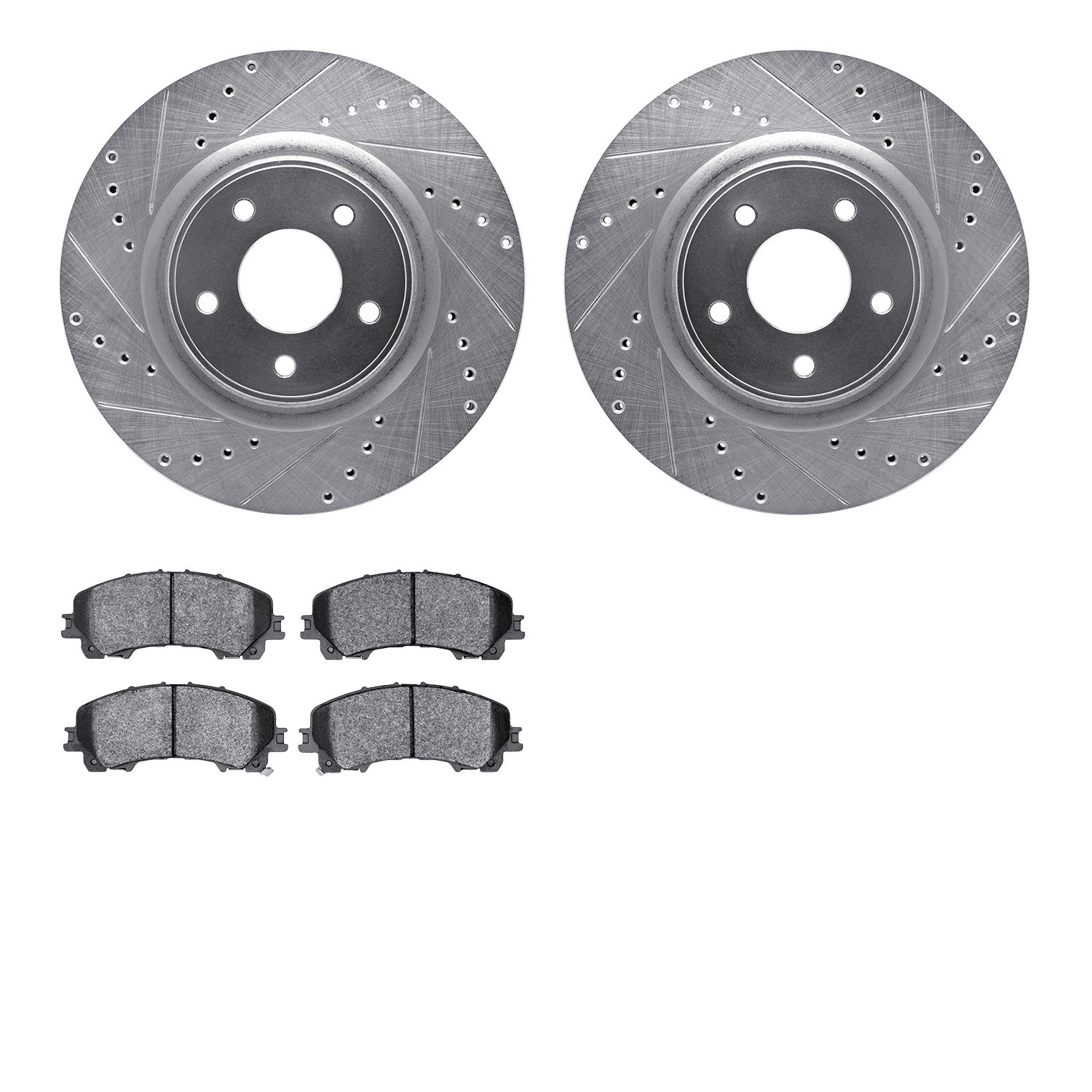 7502-67128 Drilled/Slotted Brake Rotors w/5000 Advanced Brake Pads Kit [Silver], 2014-2019 Infiniti/Nissan, Position: Front