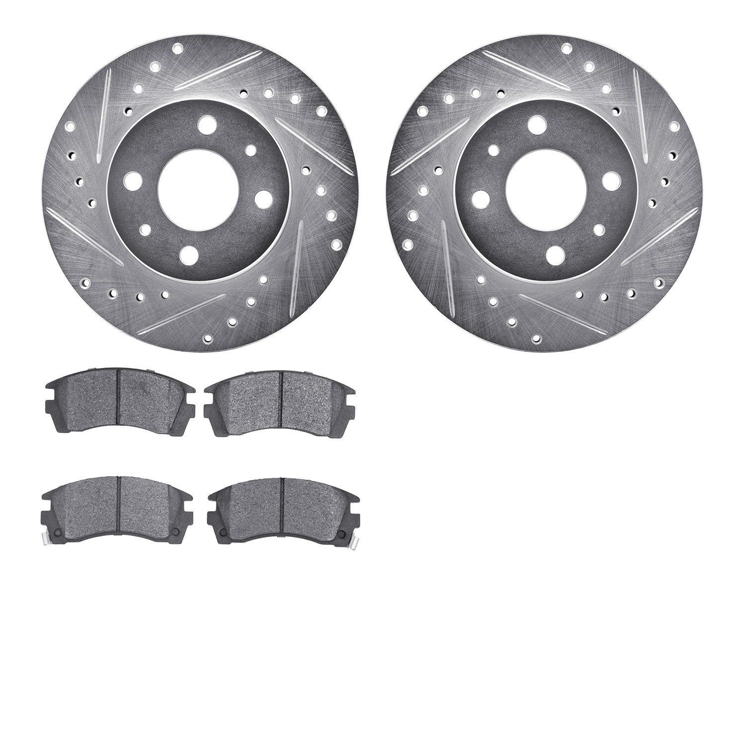7502-67151 Drilled/Slotted Brake Rotors w/5000 Advanced Brake Pads Kit [Silver], 1991-2006 Infiniti/Nissan, Position: Front