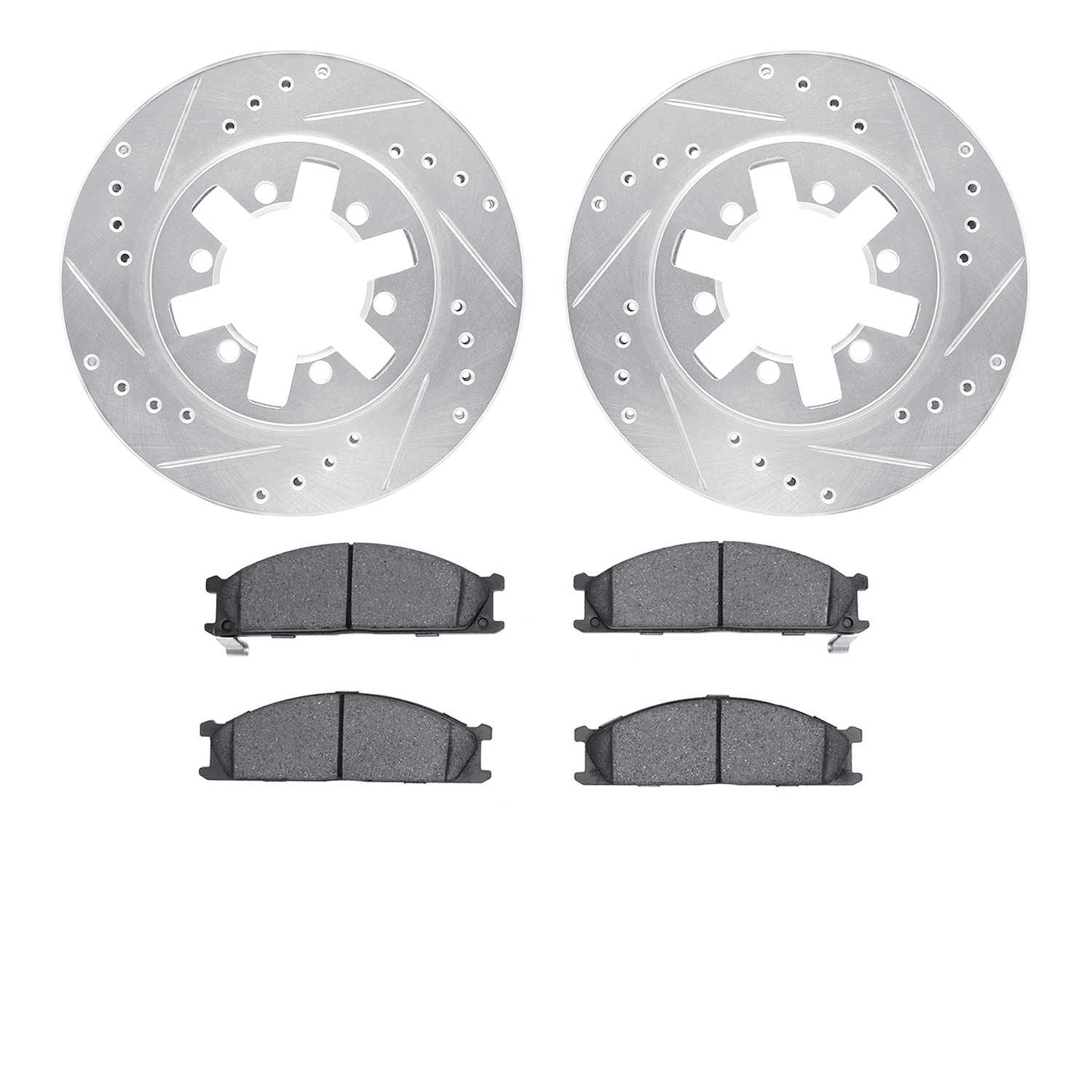 7502-67278 Drilled/Slotted Brake Rotors w/5000 Advanced Brake Pads Kit [Silver], 1985-2012 Infiniti/Nissan, Position: Front