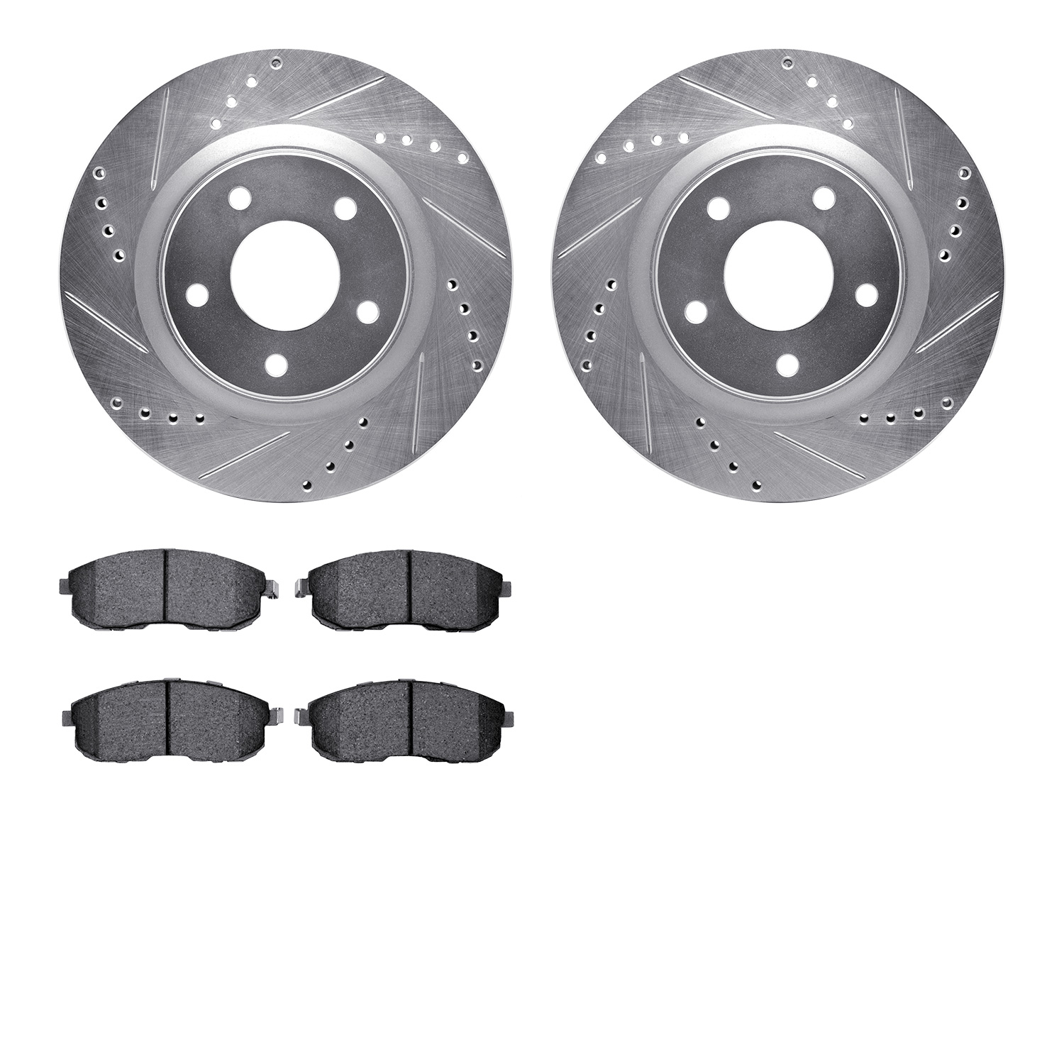 7502-67500 Drilled/Slotted Brake Rotors w/5000 Advanced Brake Pads Kit [Silver], 2011-2019 Infiniti/Nissan, Position: Front