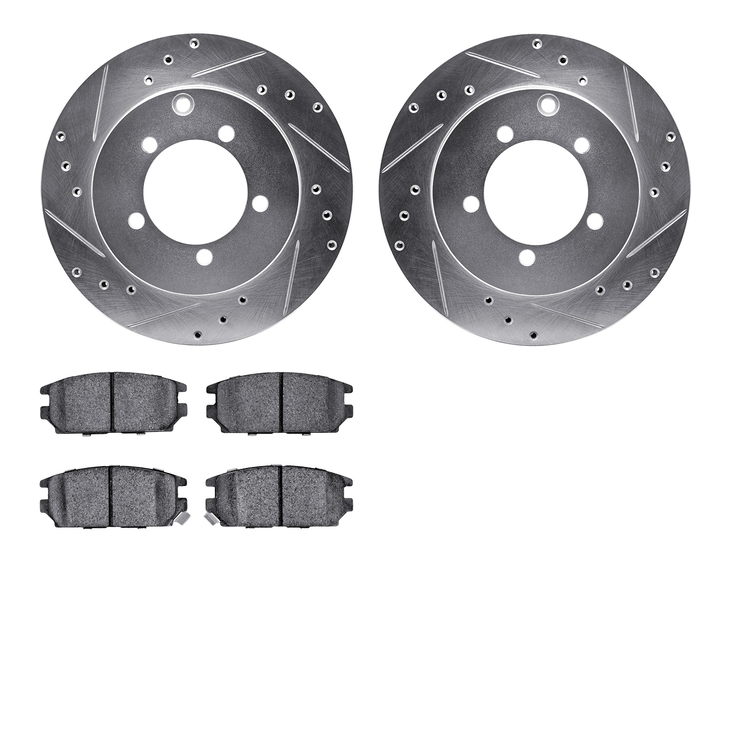 7502-72015 Drilled/Slotted Brake Rotors w/5000 Advanced Brake Pads Kit [Silver], 1991-1993 Multiple Makes/Models, Position: Rear