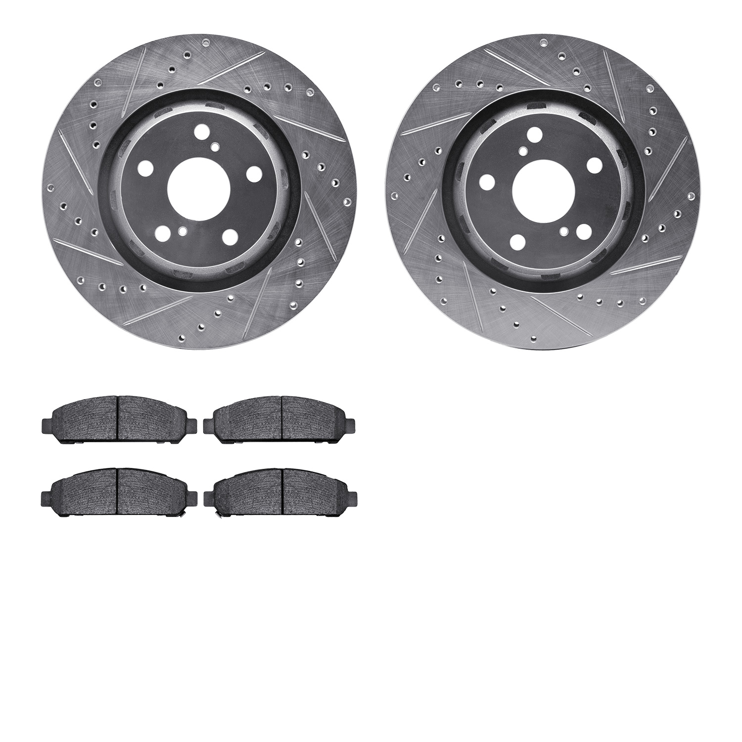 7502-76485 Drilled/Slotted Brake Rotors w/5000 Advanced Brake Pads Kit [Silver], 2009-2015 Lexus/Toyota/Scion, Position: Front