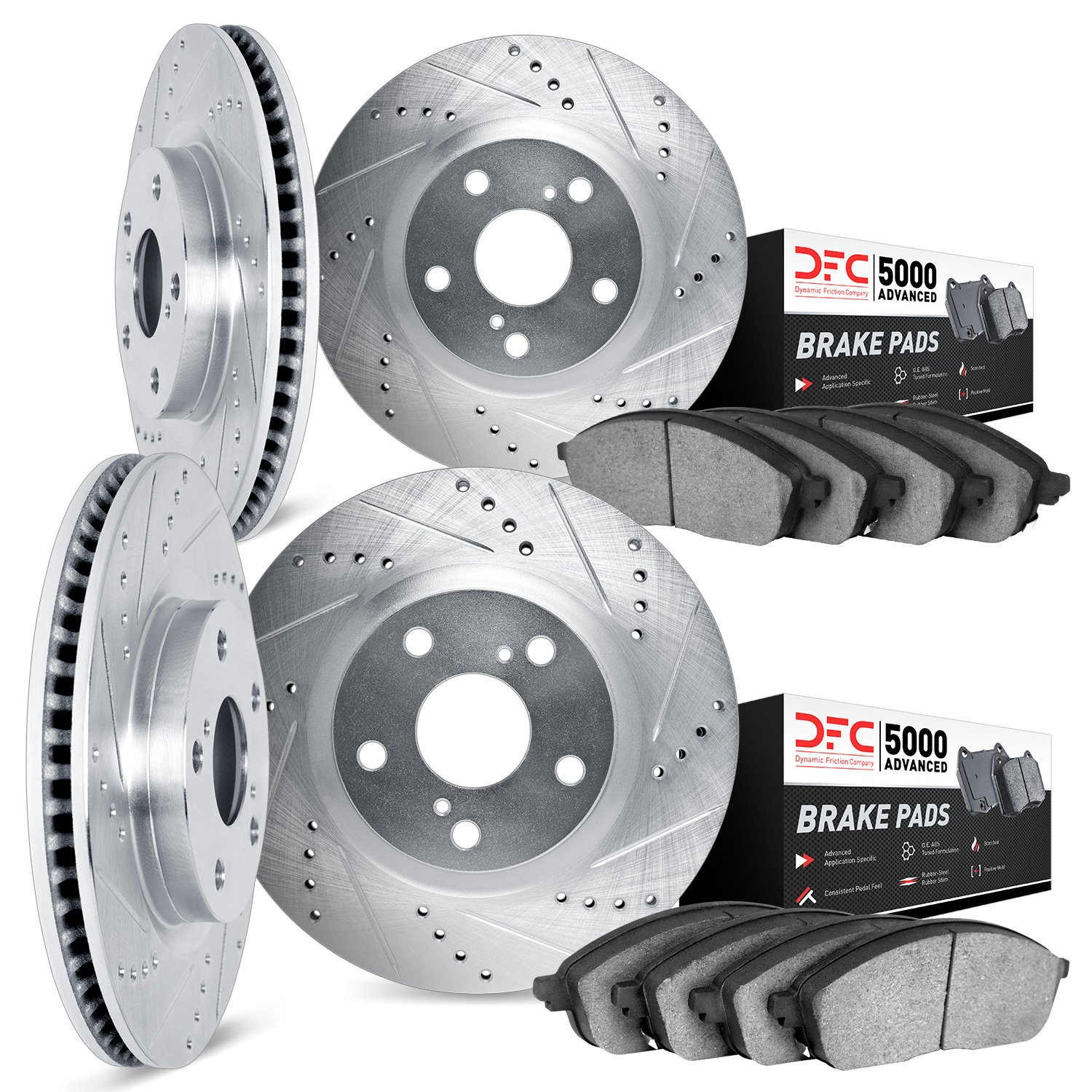 7504-31018 Drilled/Slotted Brake Rotors w/5000 Advanced Brake Pads Kit [Silver], 2004-2010 BMW, Position: Front and Rear
