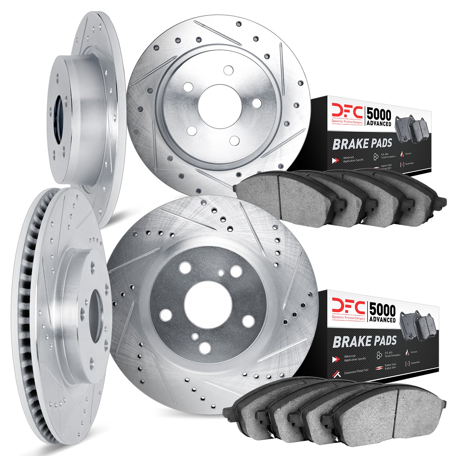 7504-67089 Drilled/Slotted Brake Rotors w/5000 Advanced Brake Pads Kit [Silver], 1994-1999 Infiniti/Nissan, Position: Front and