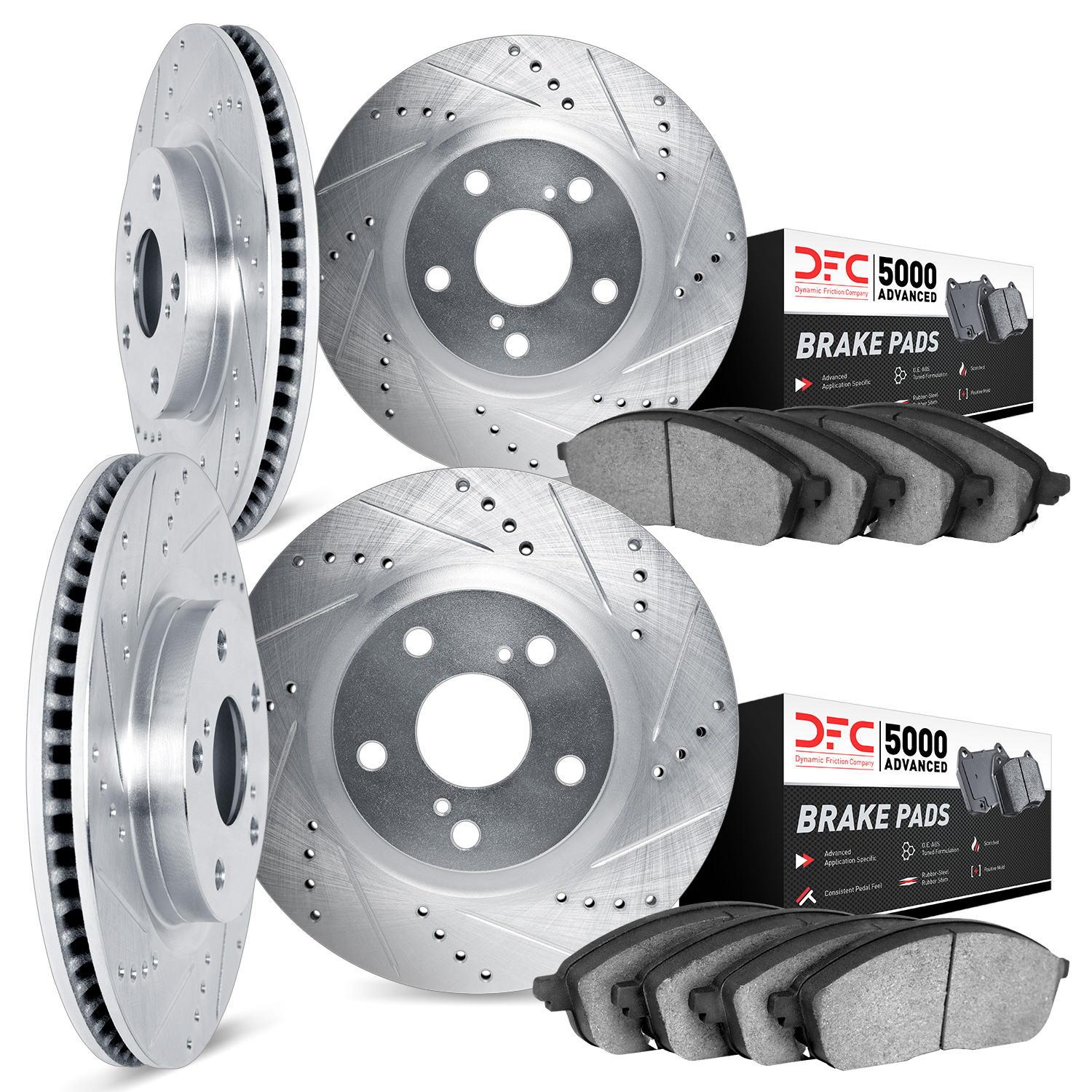 7504-67101 Drilled/Slotted Brake Rotors w/5000 Advanced Brake Pads Kit [Silver], 2003-2004 Infiniti/Nissan, Position: Front and