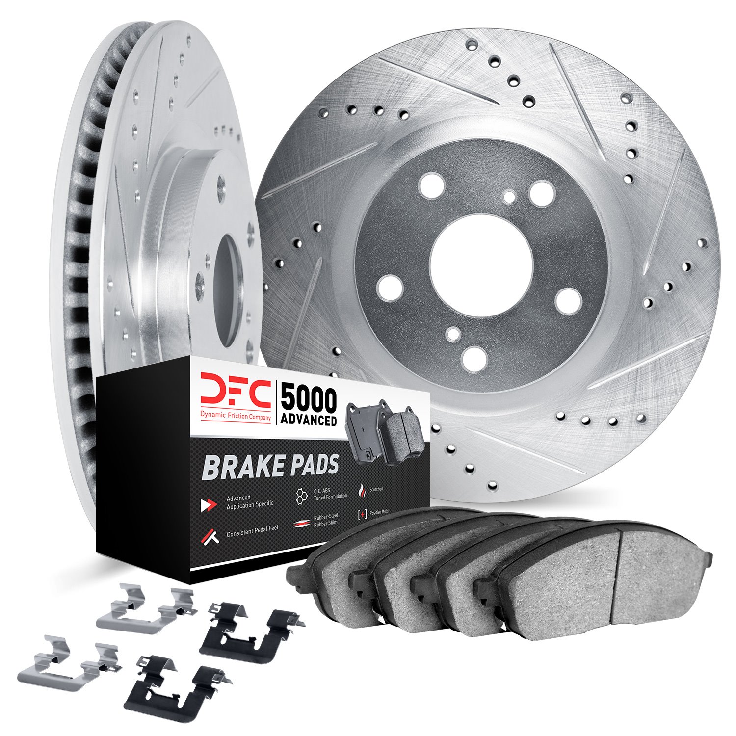 7512-02012 Drilled/Slotted Brake Rotors w/5000 Advanced Brake Pads Kit & Hardware [Silver], 2015-2018 Porsche, Position: Rear
