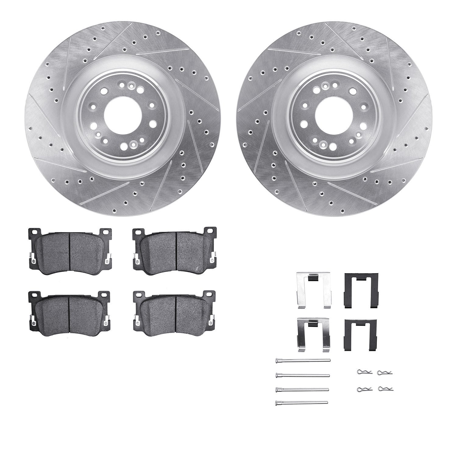 7512-10000 Drilled/Slotted Brake Rotors w/5000 Advanced Brake Pads Kit & Hardware [Silver], Fits Select Kia/Hyundai/Genesis, Pos