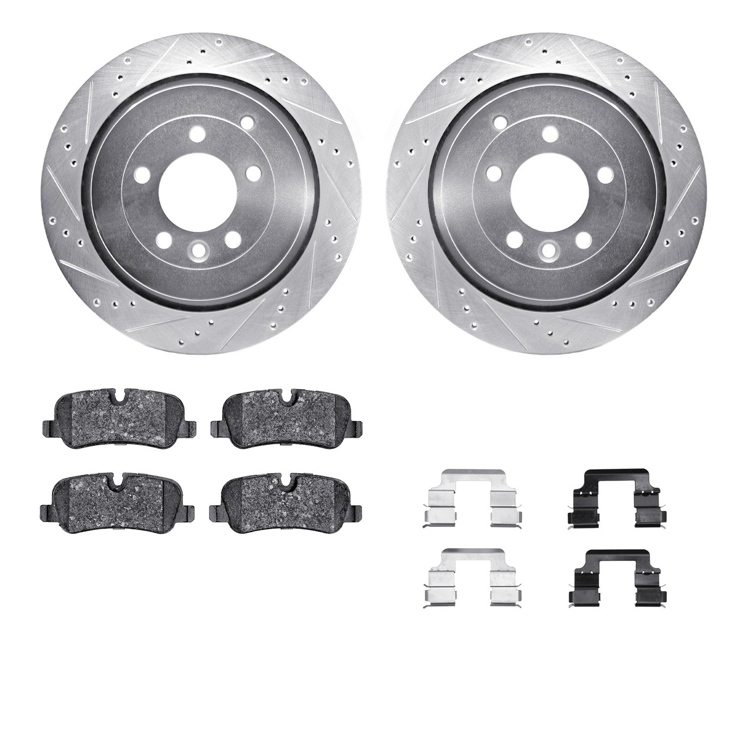 7512-11015 Drilled/Slotted Brake Rotors w/5000 Advanced Brake Pads Kit & Hardware [Silver], 2005-2016 Land Rover, Position: Rear