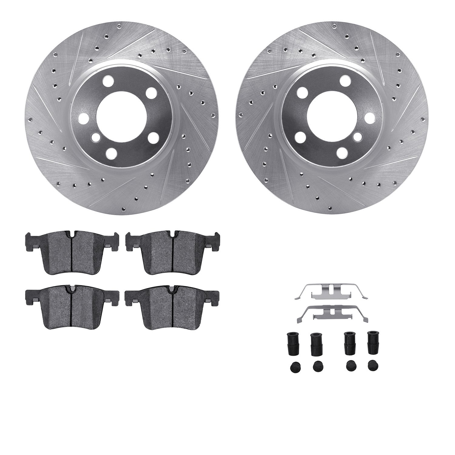 7512-31131 Drilled/Slotted Brake Rotors w/5000 Advanced Brake Pads Kit & Hardware [Silver], 2015-2015 BMW, Position: Front