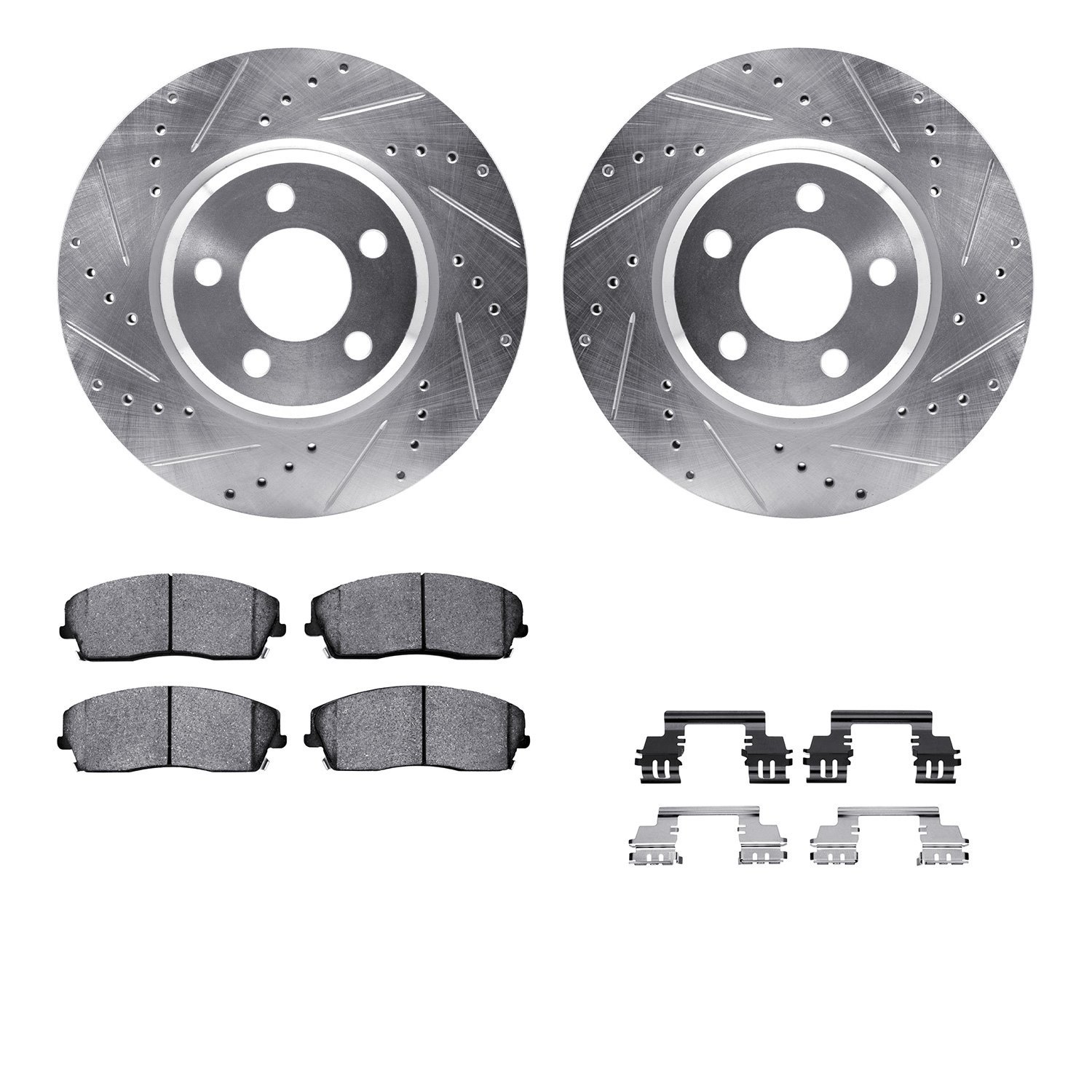 7512-39005 Drilled/Slotted Brake Rotors w/5000 Advanced Brake Pads Kit & Hardware [Silver], Fits Select Mopar, Position: Front