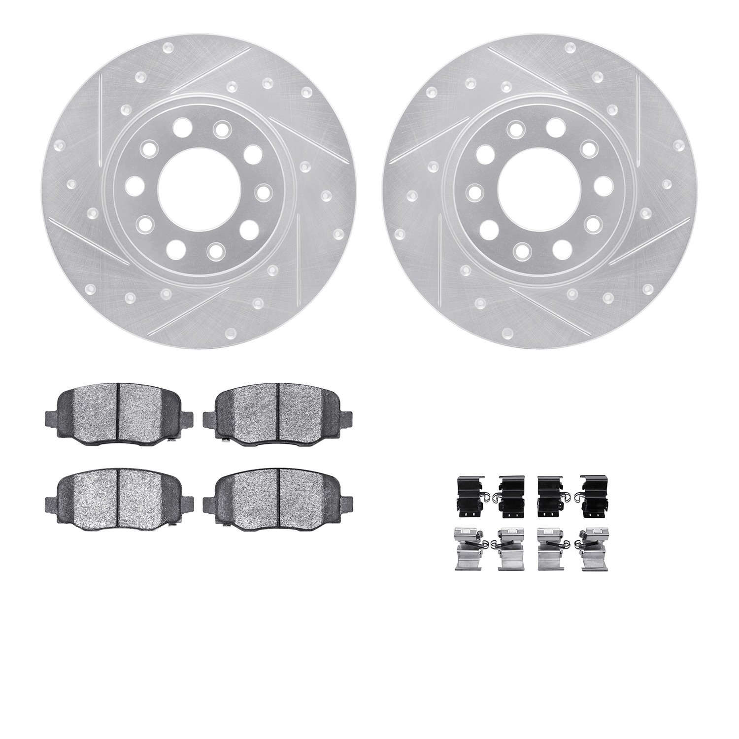 7512-42045 Drilled/Slotted Brake Rotors w/5000 Advanced Brake Pads Kit & Hardware [Silver], Fits Select Mopar, Position: Rear