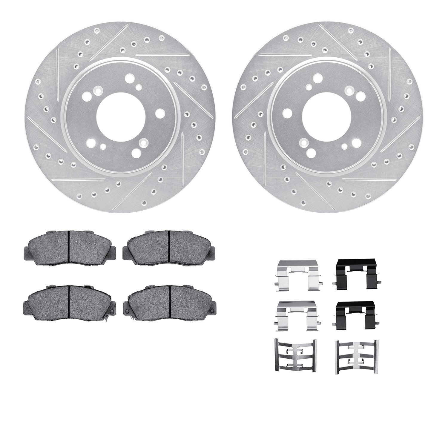 7512-58004 Drilled/Slotted Brake Rotors w/5000 Advanced Brake Pads Kit & Hardware [Silver], 1991-1996 Acura/Honda, Position: Fro